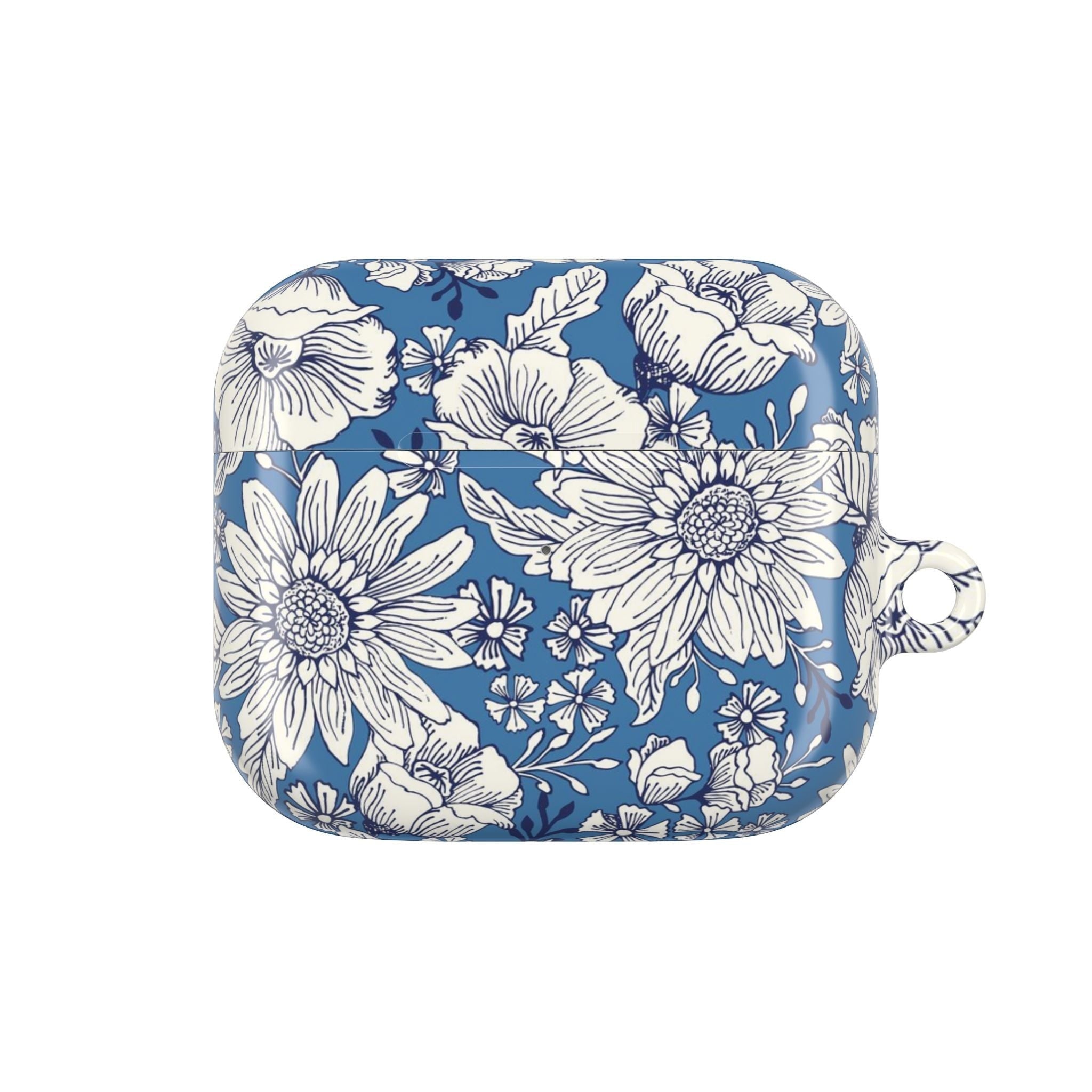 floriori Jardin Blue AirPods case featuring a white hand drawn botanical toile print on a deep blue glossy polycarbonate shell