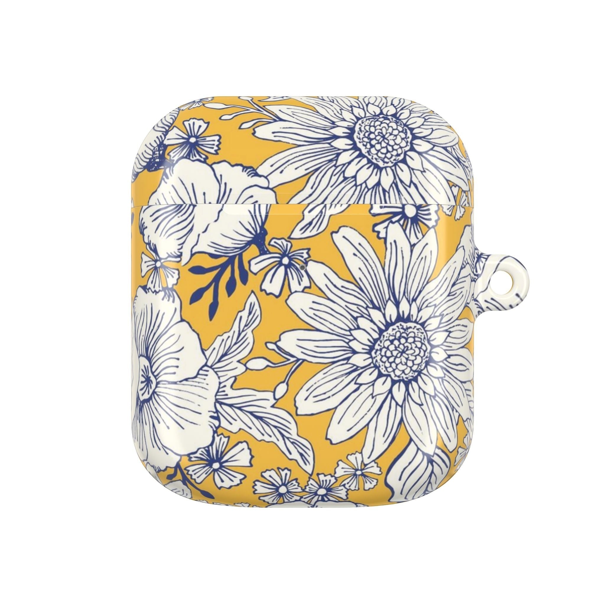 floriori Jardin Yellow AirPods Gen 2 case featuring a white hand drawn botanical toile print on a golden yellow glossy polycarbonate shell