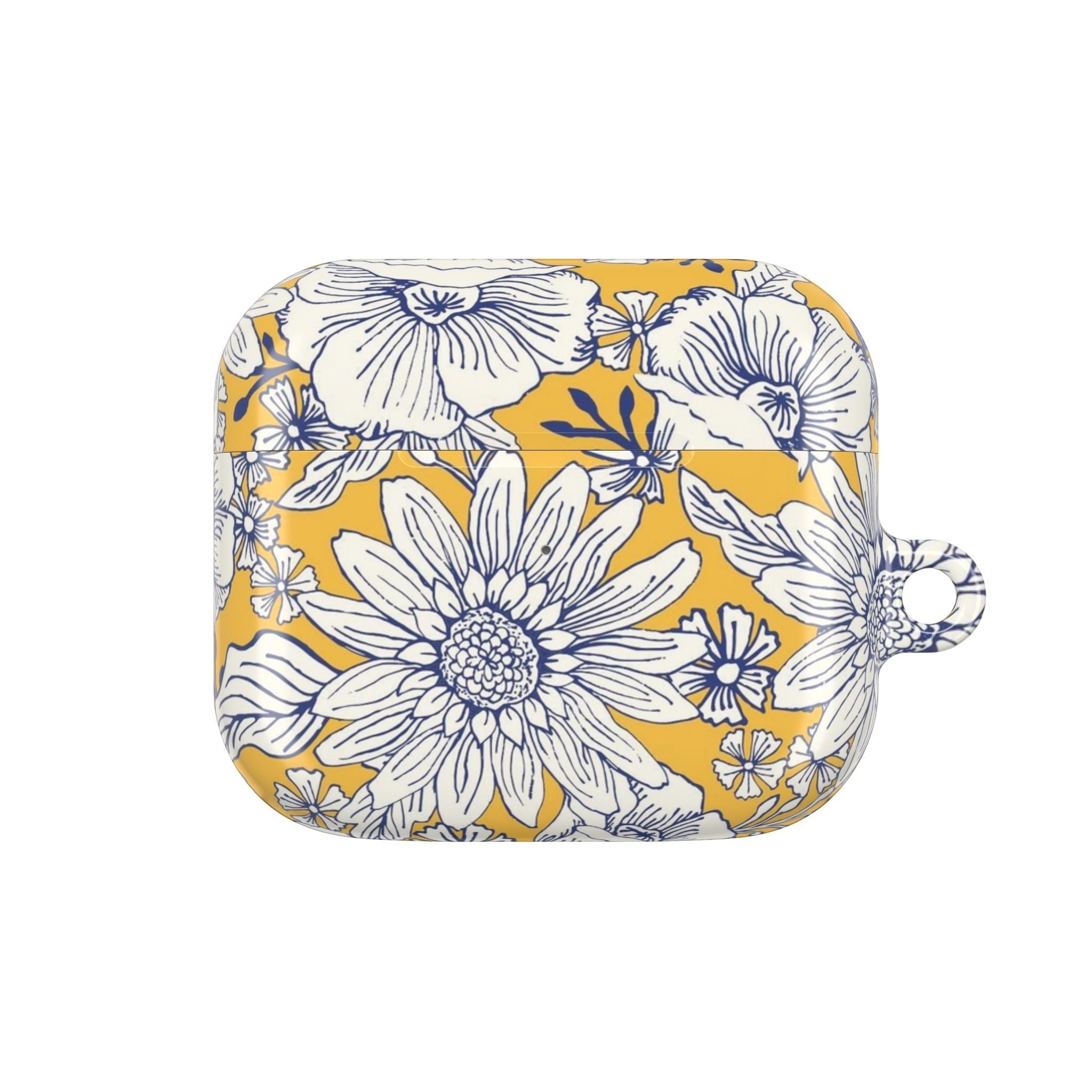 floriori Jardin Yellow AirPods Gen 3 case featuring a white hand drawn botanical toile print on a golden yellow glossy polycarbonate shell