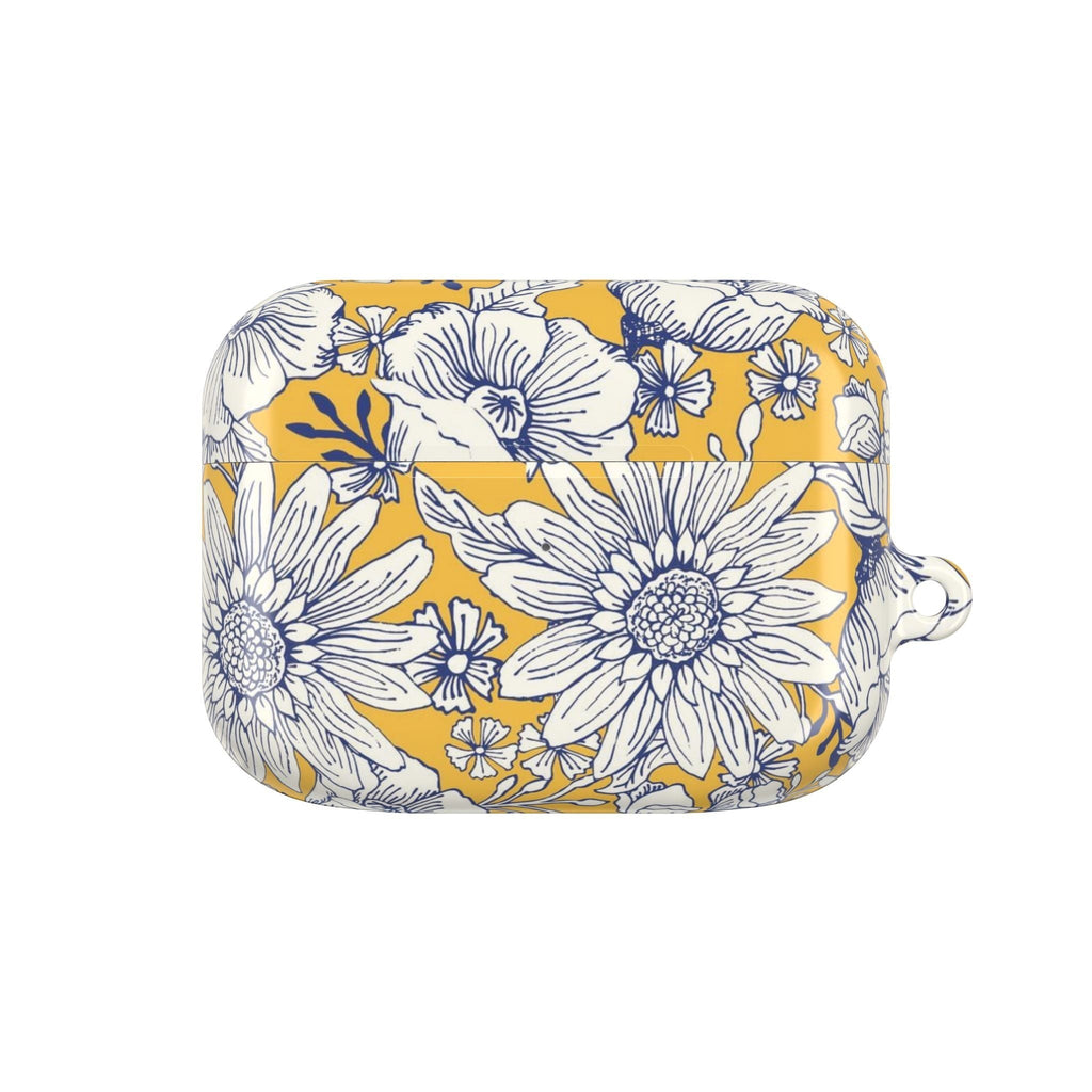 floriori Jardin Yellow AirPods Pro Gen 1 case featuring a white hand drawn botanical toile print on a golden yellow glossy polycarbonate shell