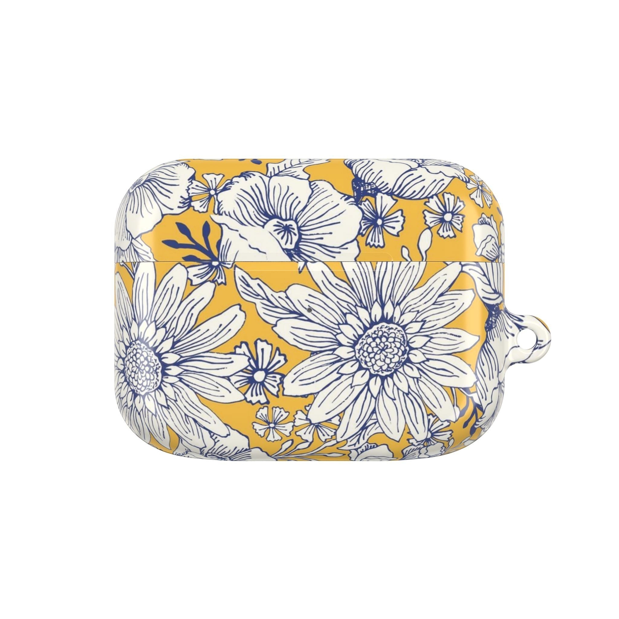 floriori Jardin Yellow AirPods Pro Gen 1 case featuring a white hand drawn botanical toile print on a golden yellow glossy polycarbonate shell