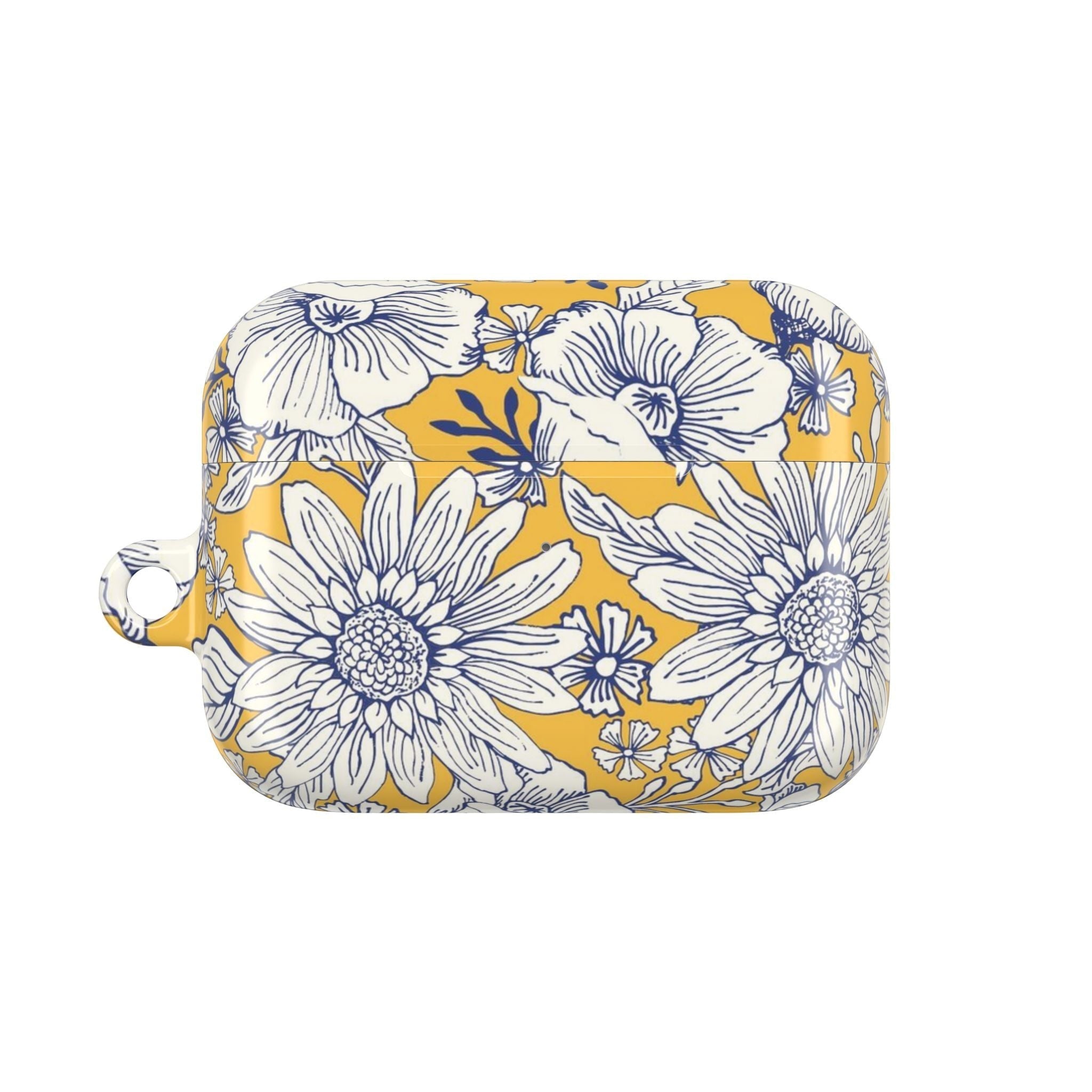 floriori Jardin Yellow AirPods Pro Gen 2 case featuring a white hand drawn botanical toile print on a golden yellow glossy polycarbonate shell