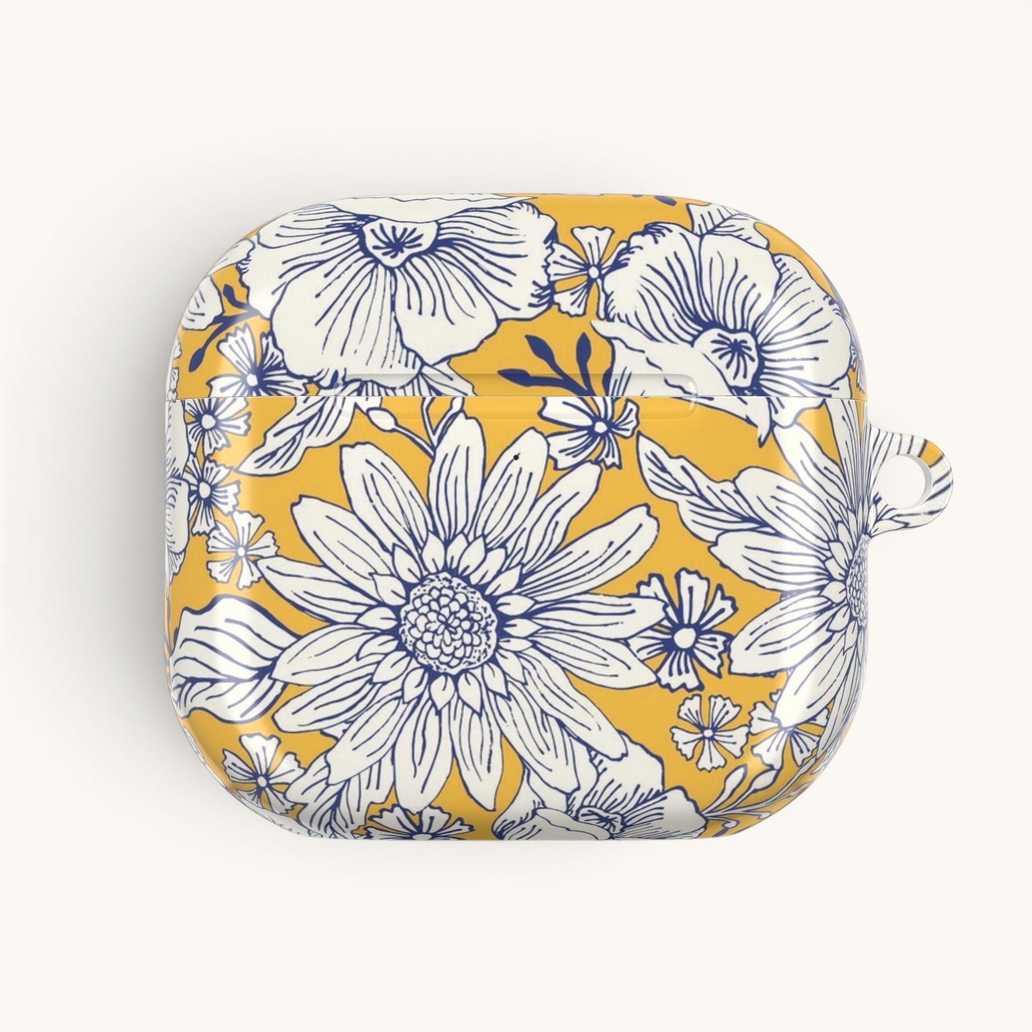 floriori Jardin Yellow AirPods Gen 4 case featuring a white hand drawn botanical toile print on a golden yellow glossy polycarbonate shell