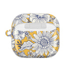floriori Jardin Yellow AirPods case featuring a white hand drawn botanical toile print on a golden yellow glossy polycarbonate shell. Back view.