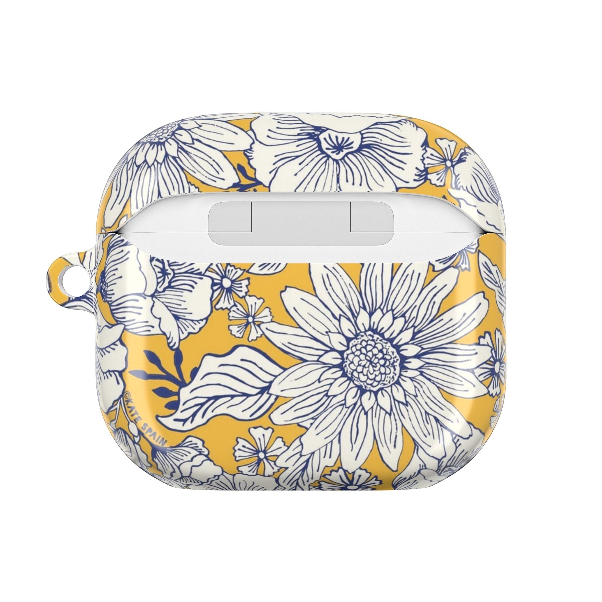 floriori Jardin Yellow AirPods case featuring a white hand drawn botanical toile print on a golden yellow glossy polycarbonate shell. Back view.