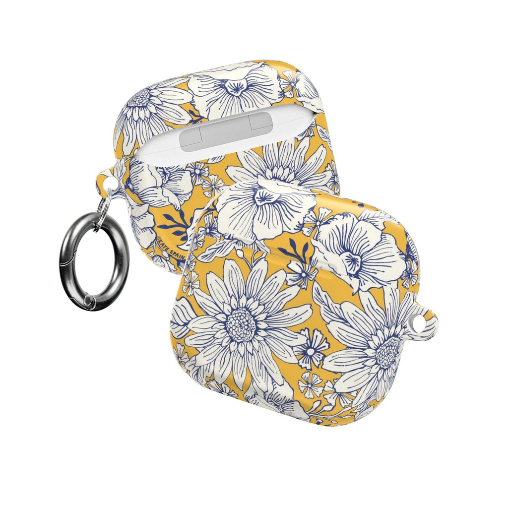 floriori Jardin Yellow AirPods case featuring a white hand drawn botanical toile print on a golden yellow glossy polycarbonate shell. Front and back view.