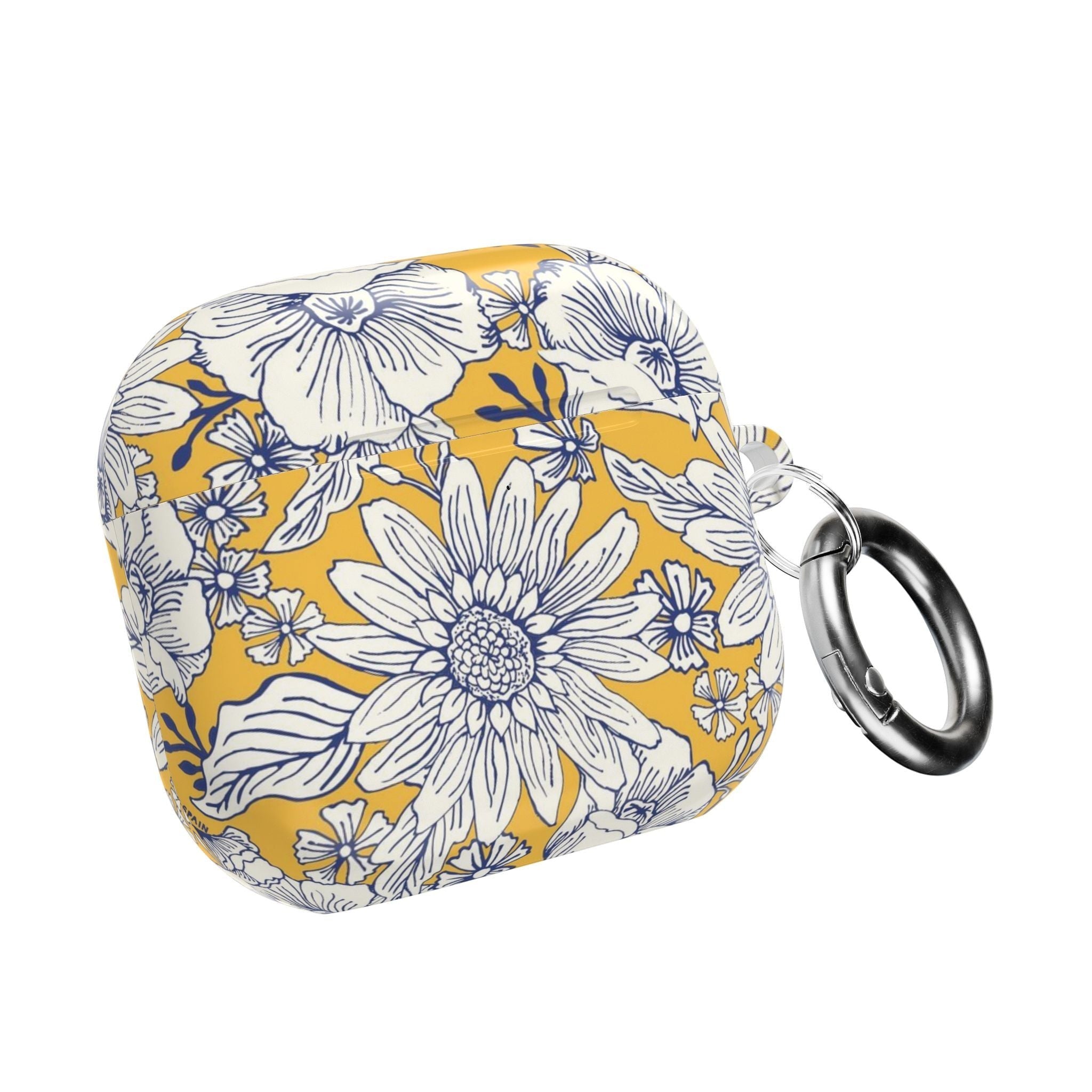 floriori Jardin Yellow AirPods case featuring a white hand drawn botanical toile print on a golden yellow glossy polycarbonate shell. Showing caribener clip.