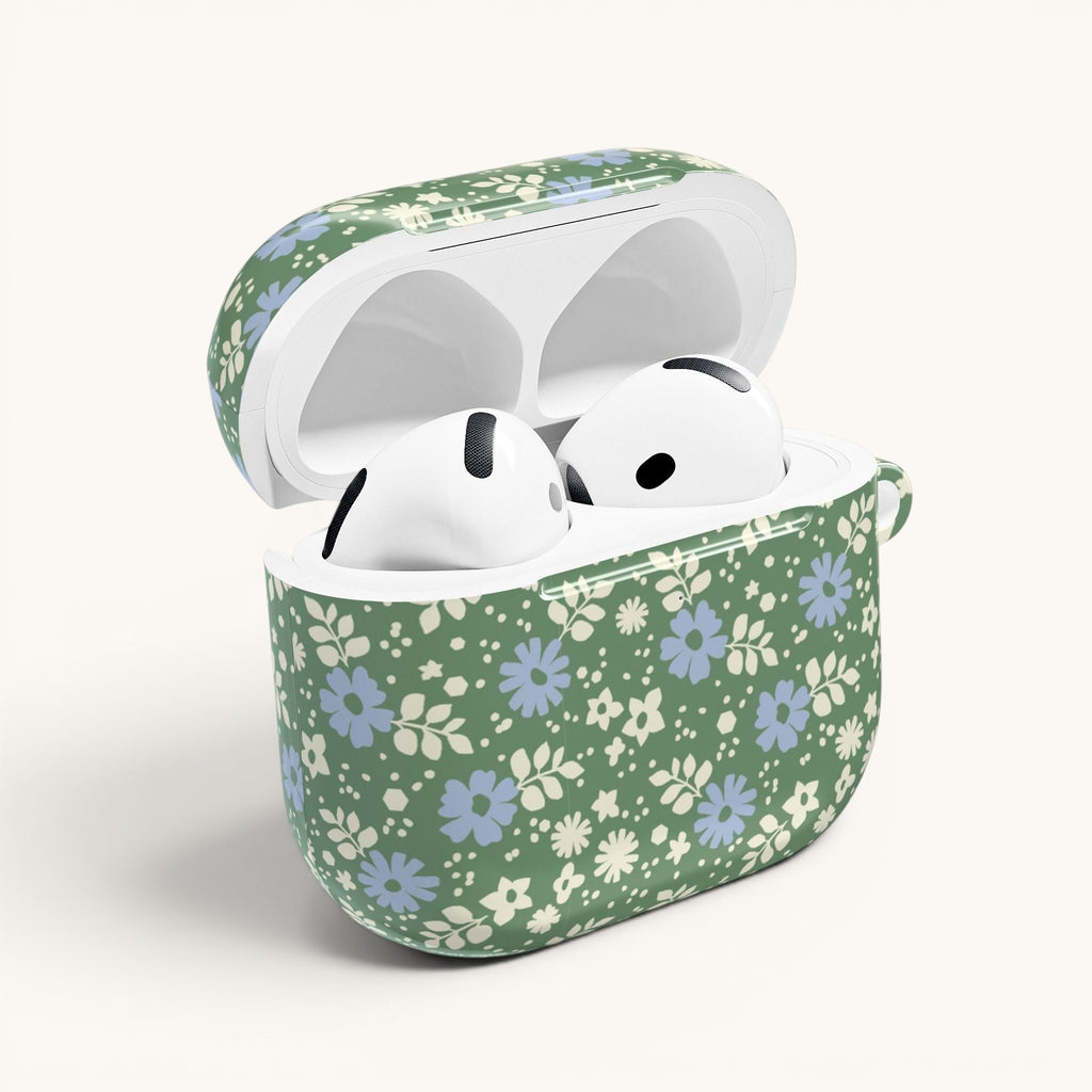 AirPods Gen 4 case with open lid, showing inside white ear buds – Glossy | periwinkle and cream ditsy flowers on sage green ground
