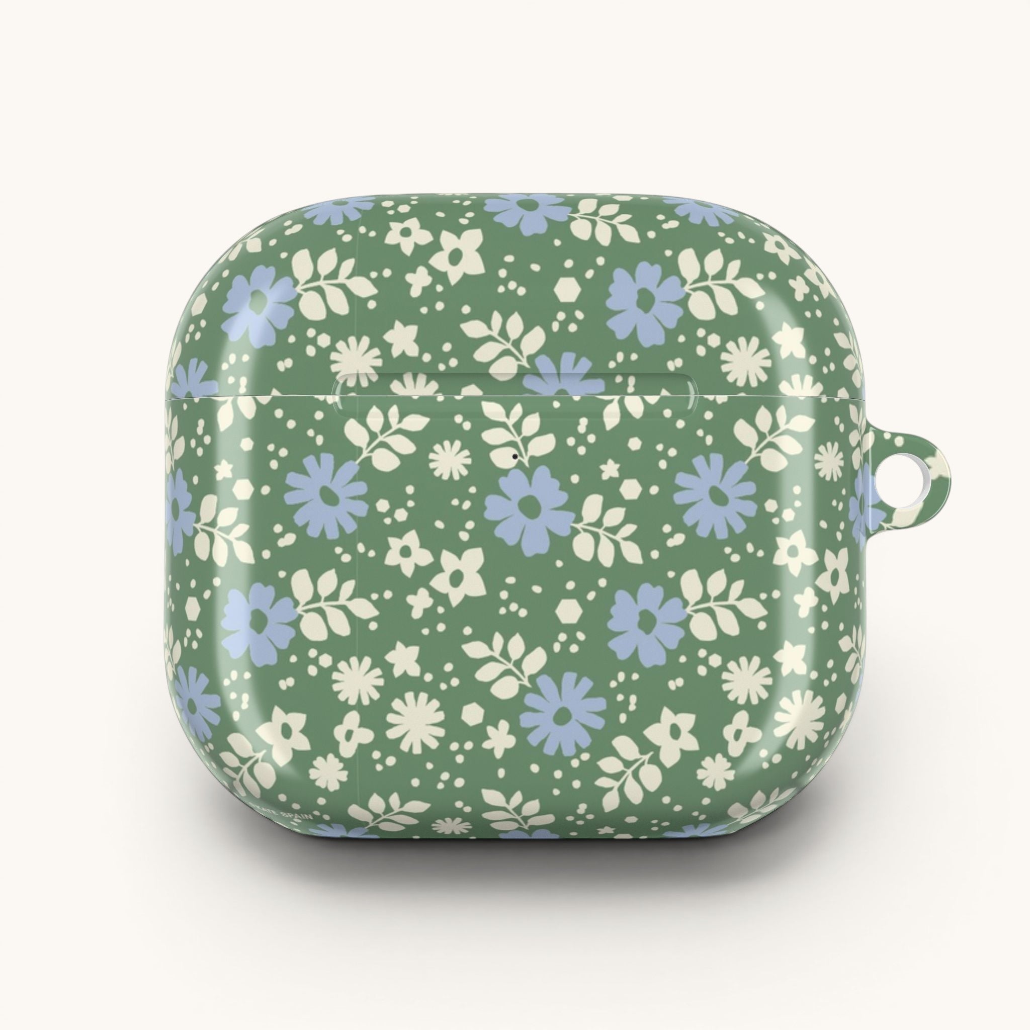 AirPods Gen 4 case – Glossy | periwinkle and cream ditsy flowers on sage green ground — angled view
