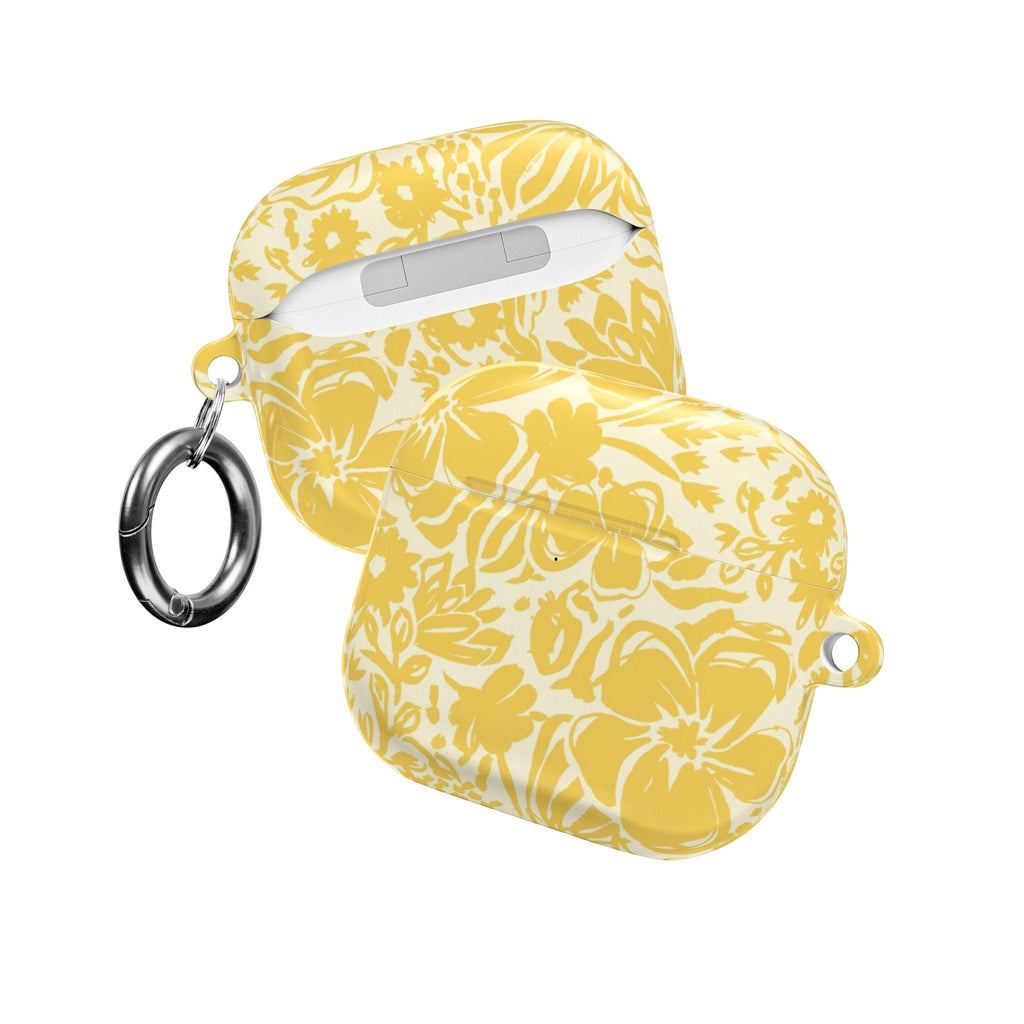 floriori AirPods case with sophisticated and energetic hand painted flower silhouettes. yellow floral on a cream glossy background. front and back view.