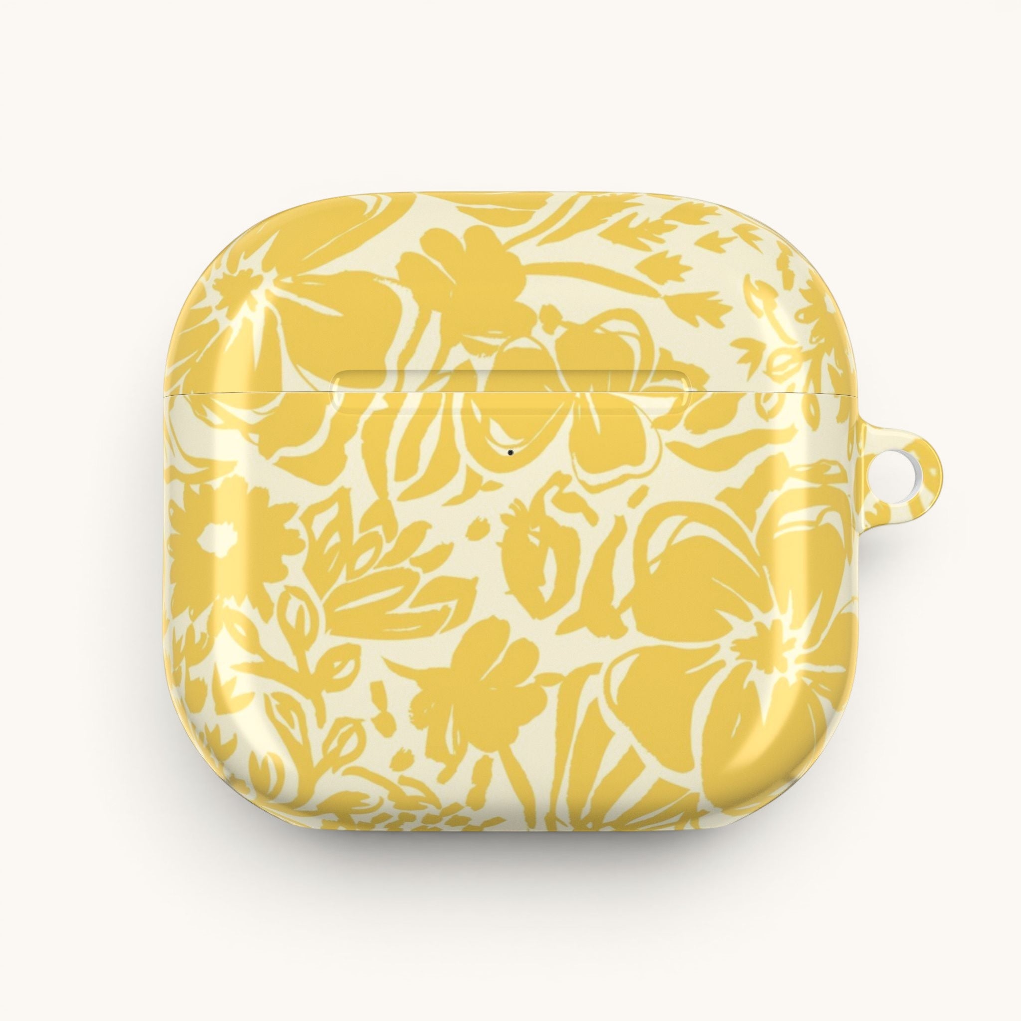 floriori AirPods Gen 4 case with sophisticated and energetic hand painted flower silhouettes. yellow floral on a cream glossy background.