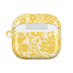 floriori AirPods case with sophisticated and energetic hand painted flower silhouettes. yellow floral on a cream glossy background.