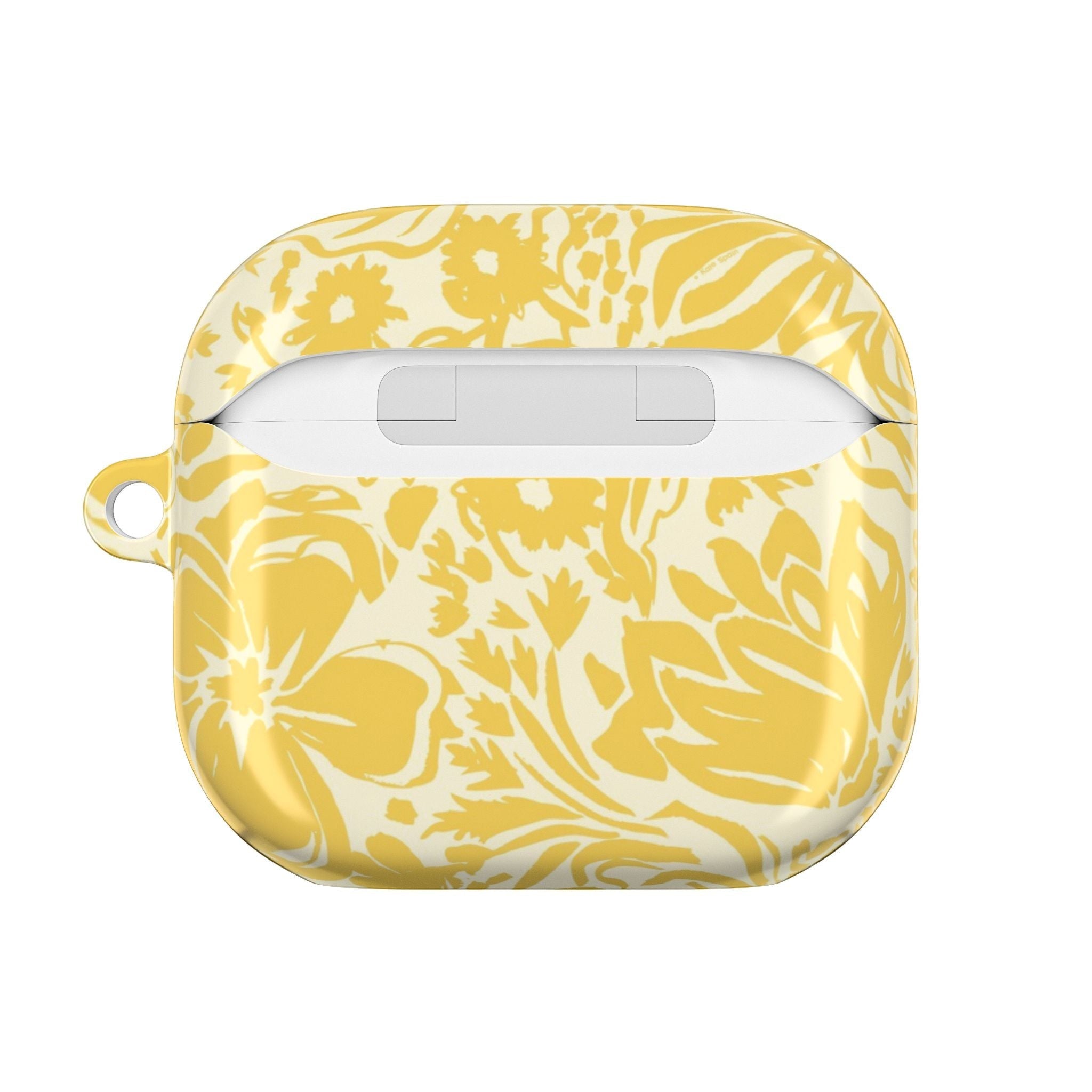 floriori AirPods case with sophisticated and energetic hand painted flower silhouettes. yellow floral on a cream glossy background.