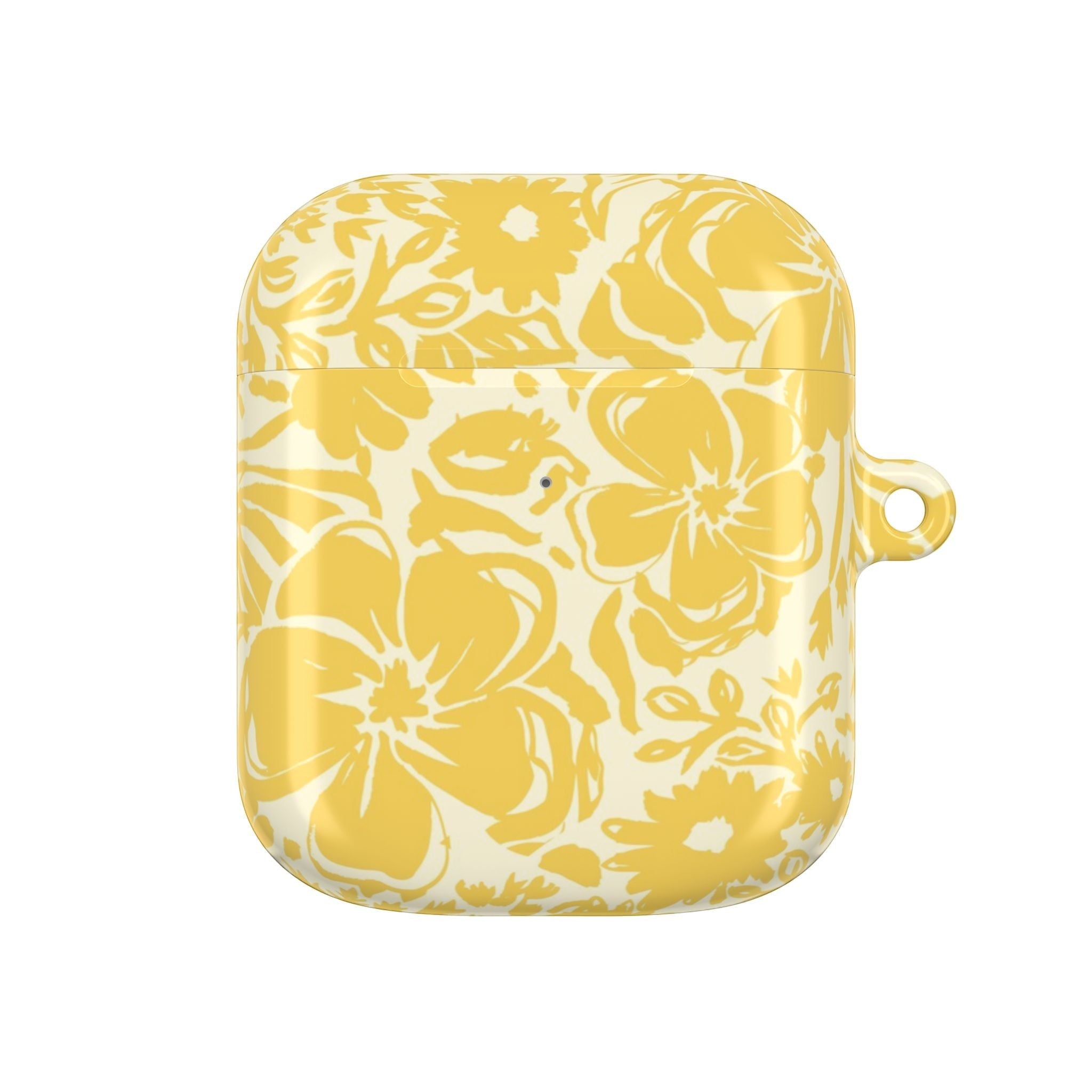 floriori AirPods Gen 1 case with sophisticated and energetic hand painted flower silhouettes. yellow floral on a cream glossy background.