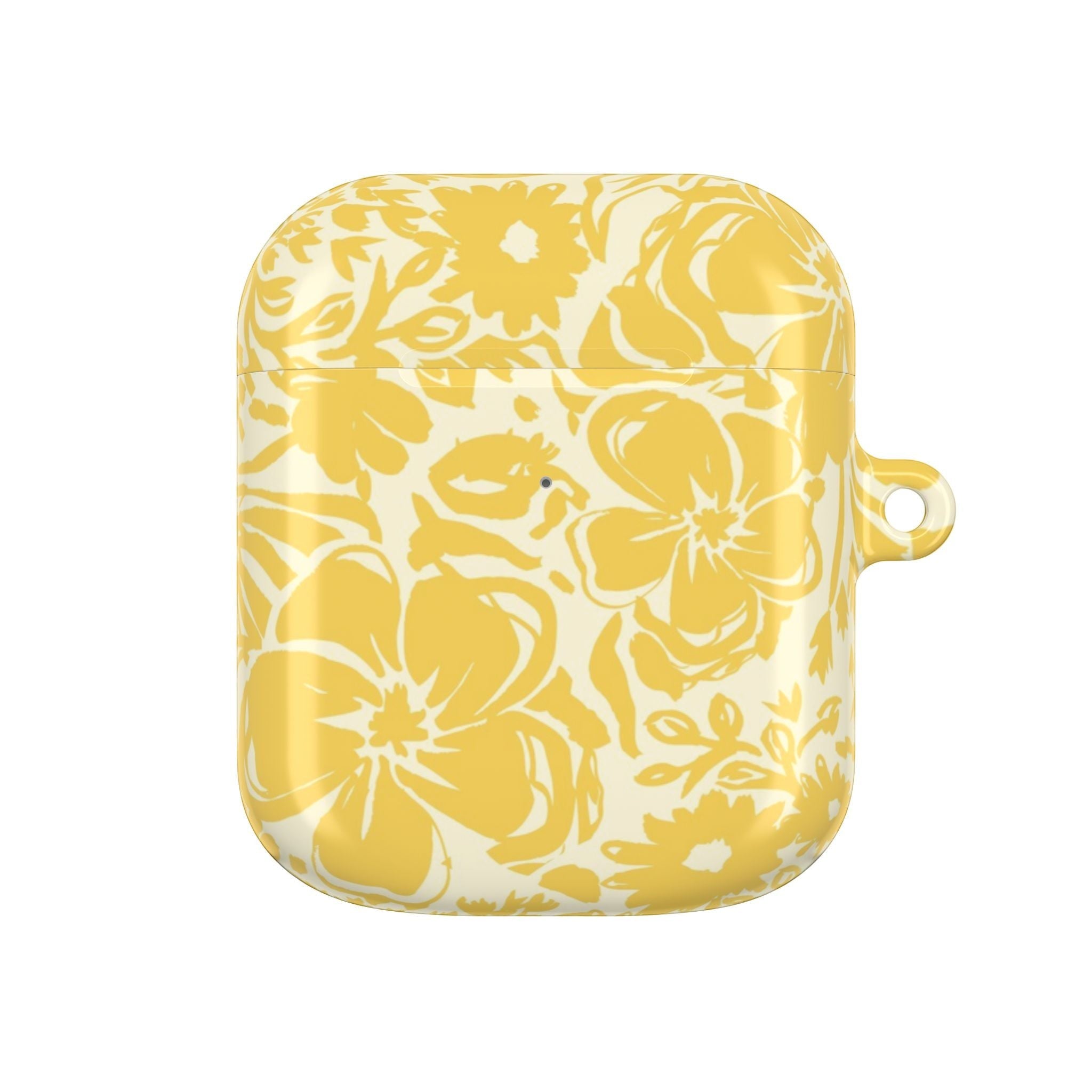 floriori AirPods Gen 2 case with sophisticated and energetic hand painted flower silhouettes. yellow floral on a cream glossy background.