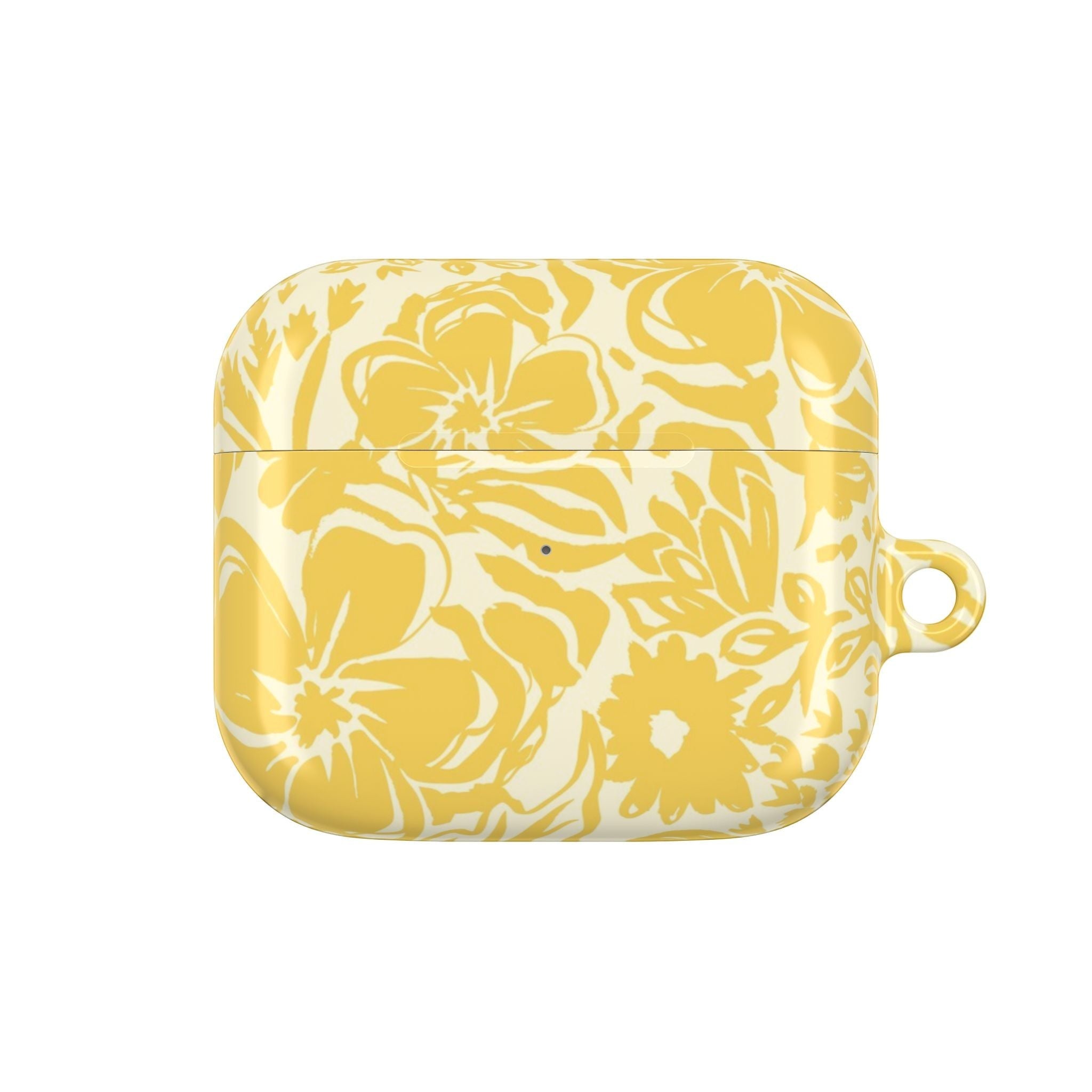 floriori AirPods Gen 3 case with sophisticated and energetic hand painted flower silhouettes. yellow floral on a cream glossy background.