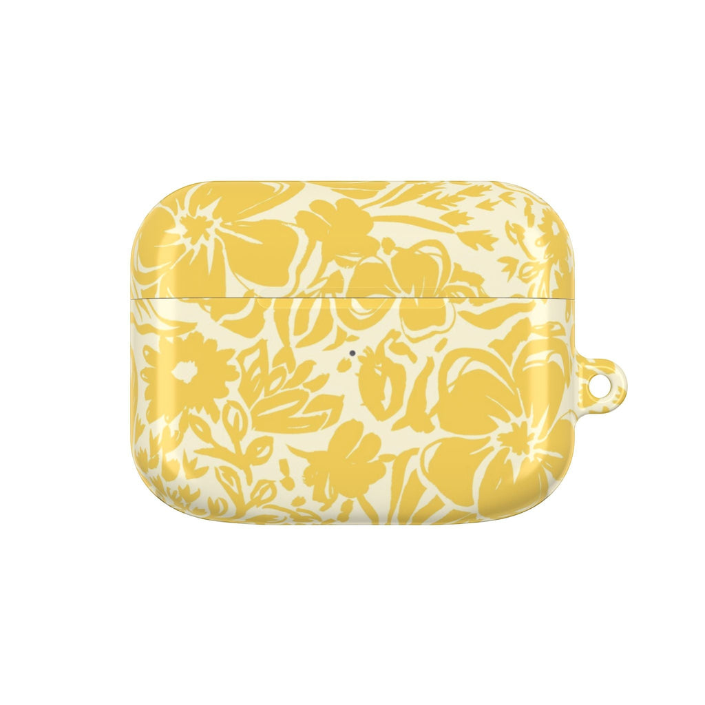 floriori AirPods Pro Gen 1 case with sophisticated and energetic hand painted flower silhouettes. yellow floral on a cream glossy background.