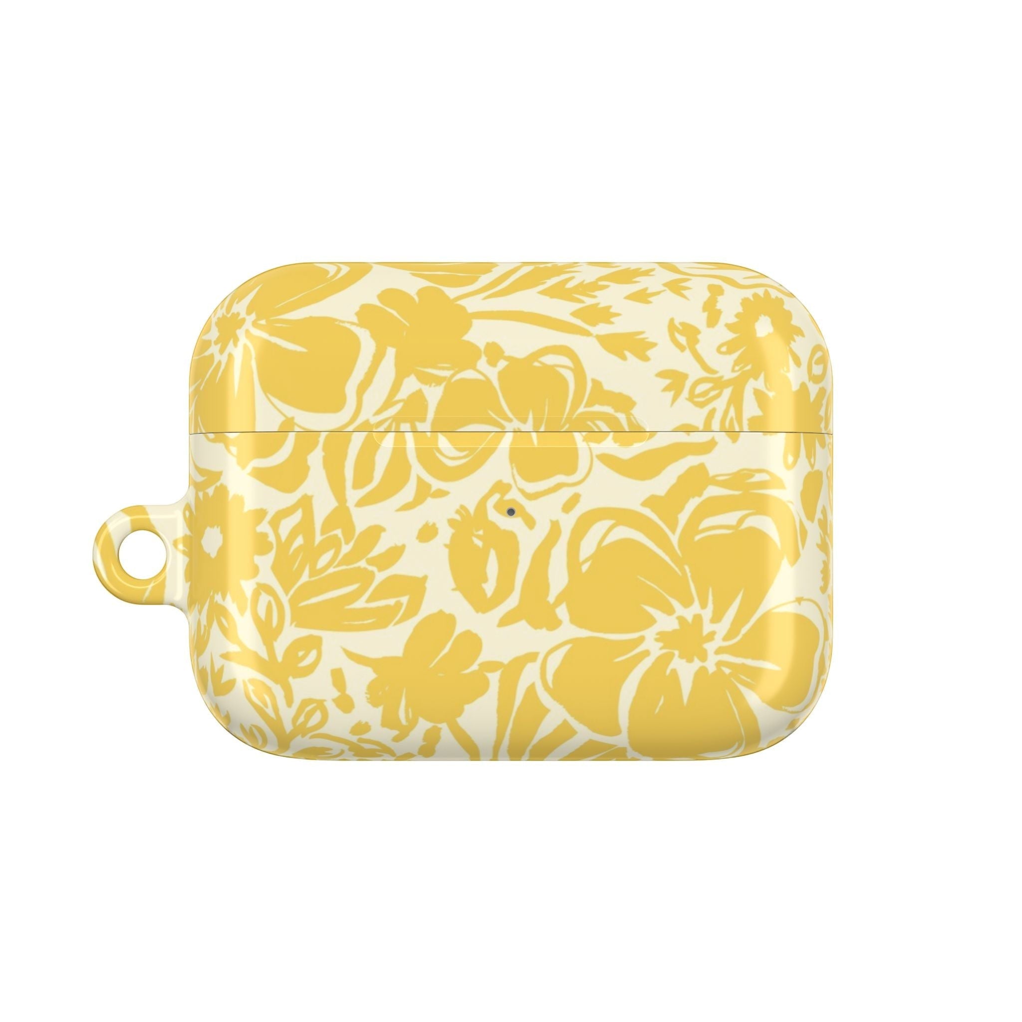 floriori AirPods Pro Gen 2 case with sophisticated and energetic hand painted flower silhouettes. yellow floral on a cream glossy background.