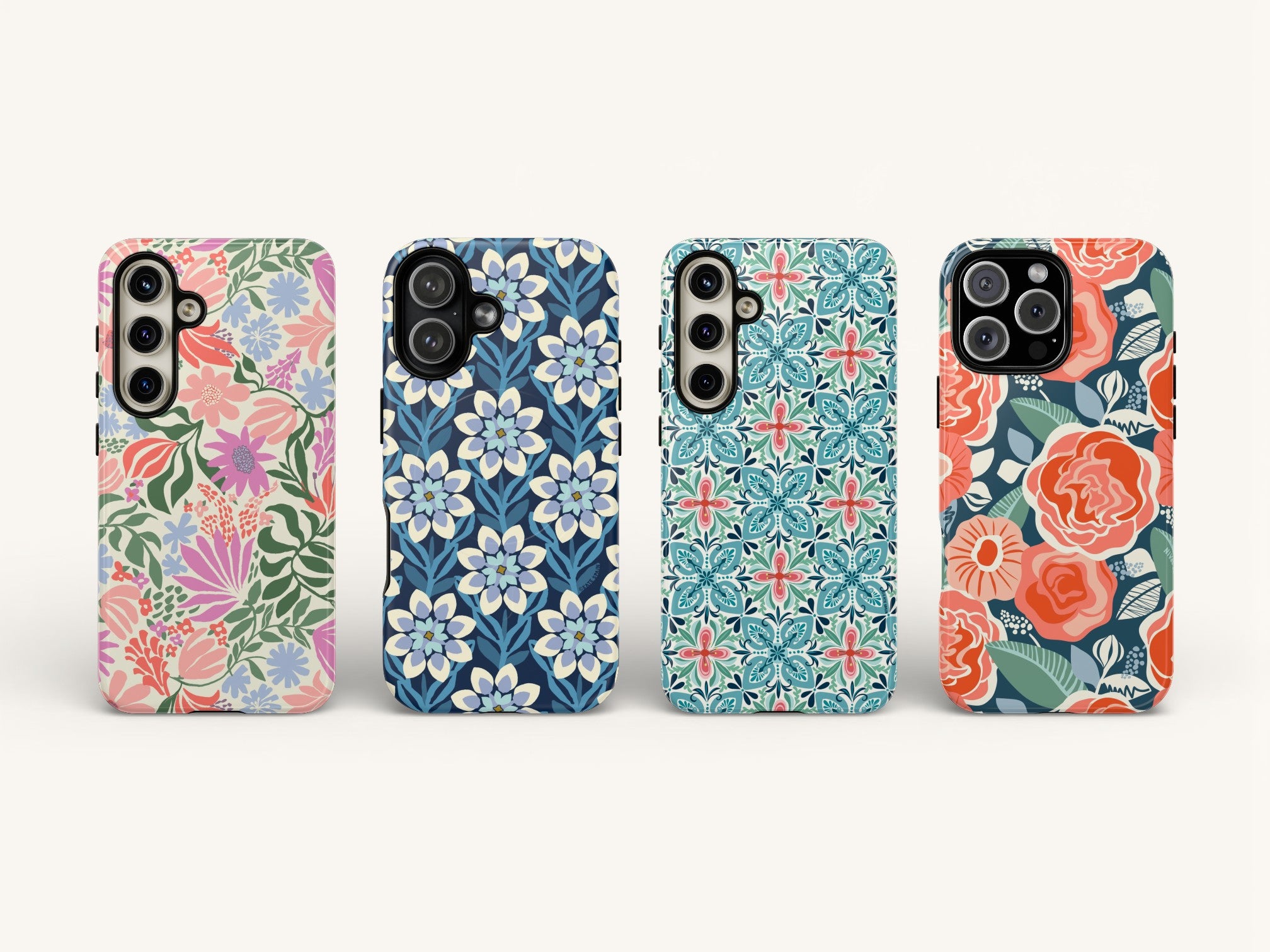 Four floral phone cases on a white background