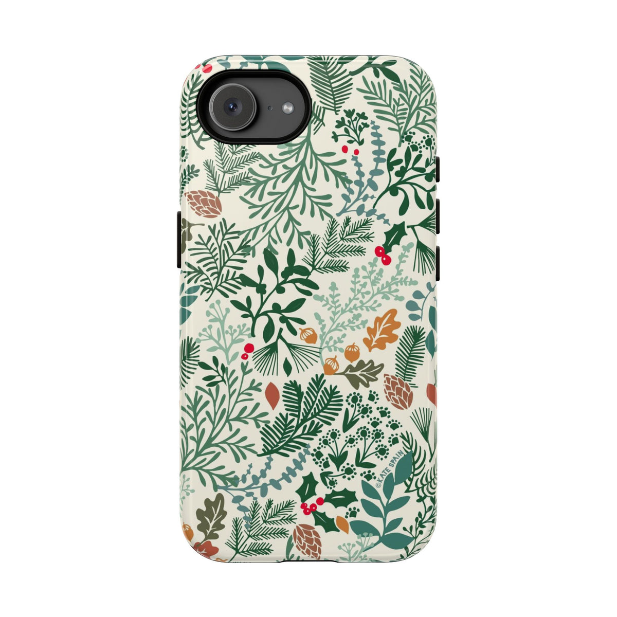 Juniper Tough iPhone 16e Case – Glossy | cream, green, red botanical woodland print