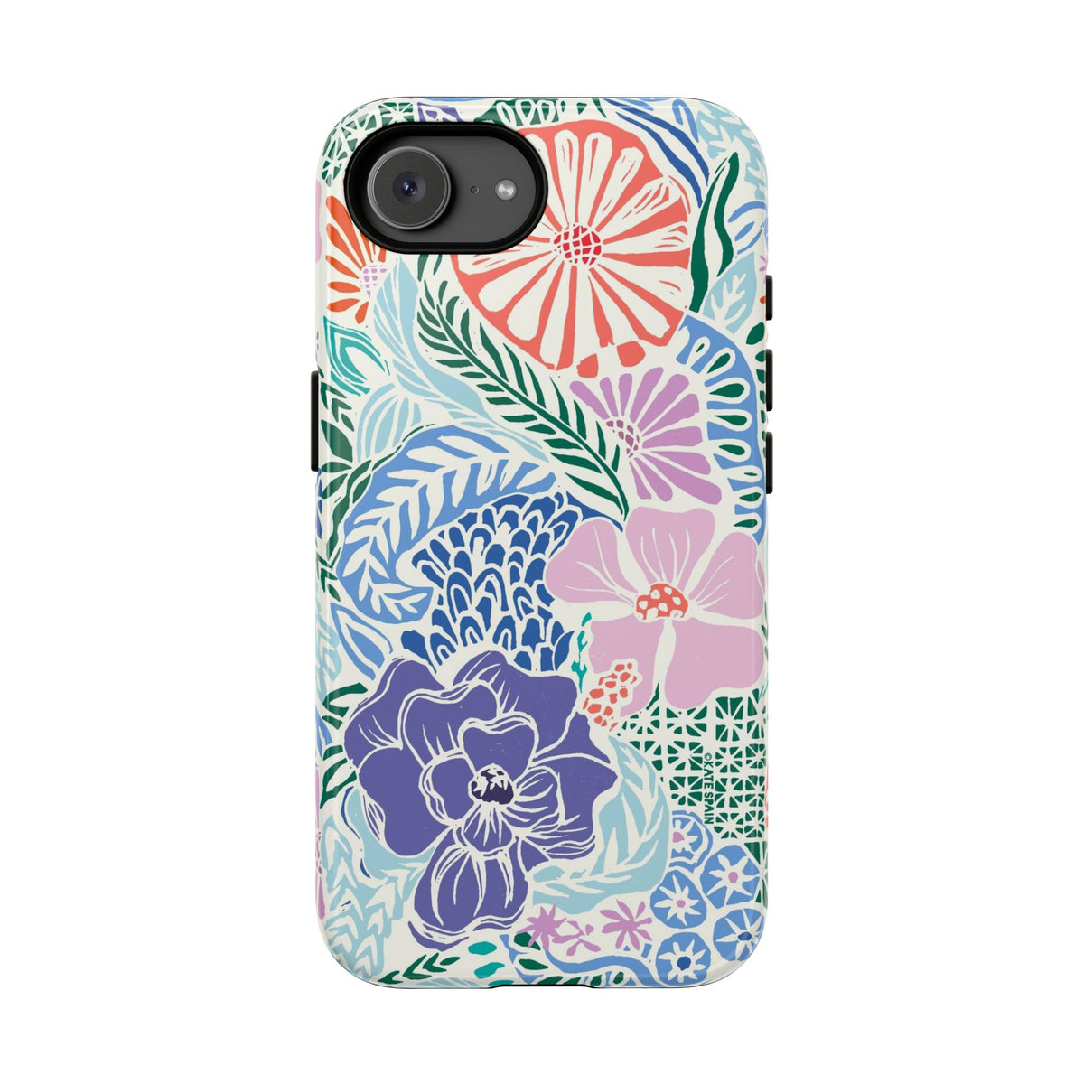 Tropica Periwinkle Tough iPhone 16e Case – Glossy | purple, coral, pink, blue botanical tropical floral print