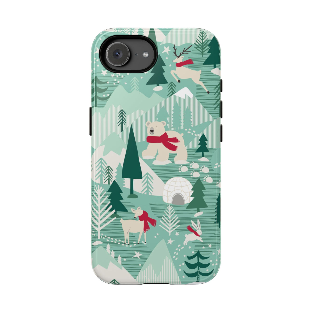 Arctica Winter Tough iPhone 16e Case – Glossy | aqua, evergreen, white, animal frolic winter wonderland print