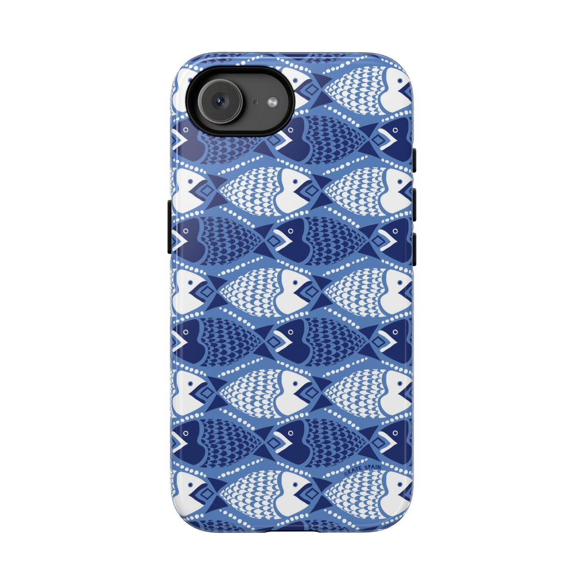 Catch of the Day Tough iPhone 16e Case – Glossy | navy, blue, white geometric fish print