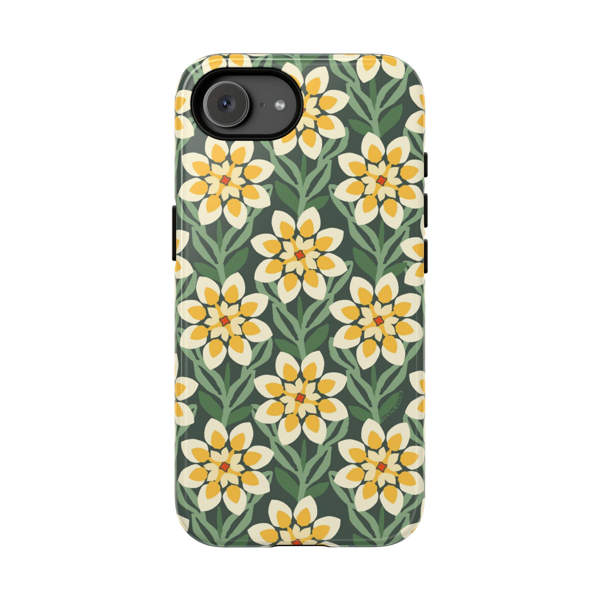 Designer Modern Dahlia Yellow Green Tough iPhone 16e Case – Glossy | yellow, cream, green dahlia floral print