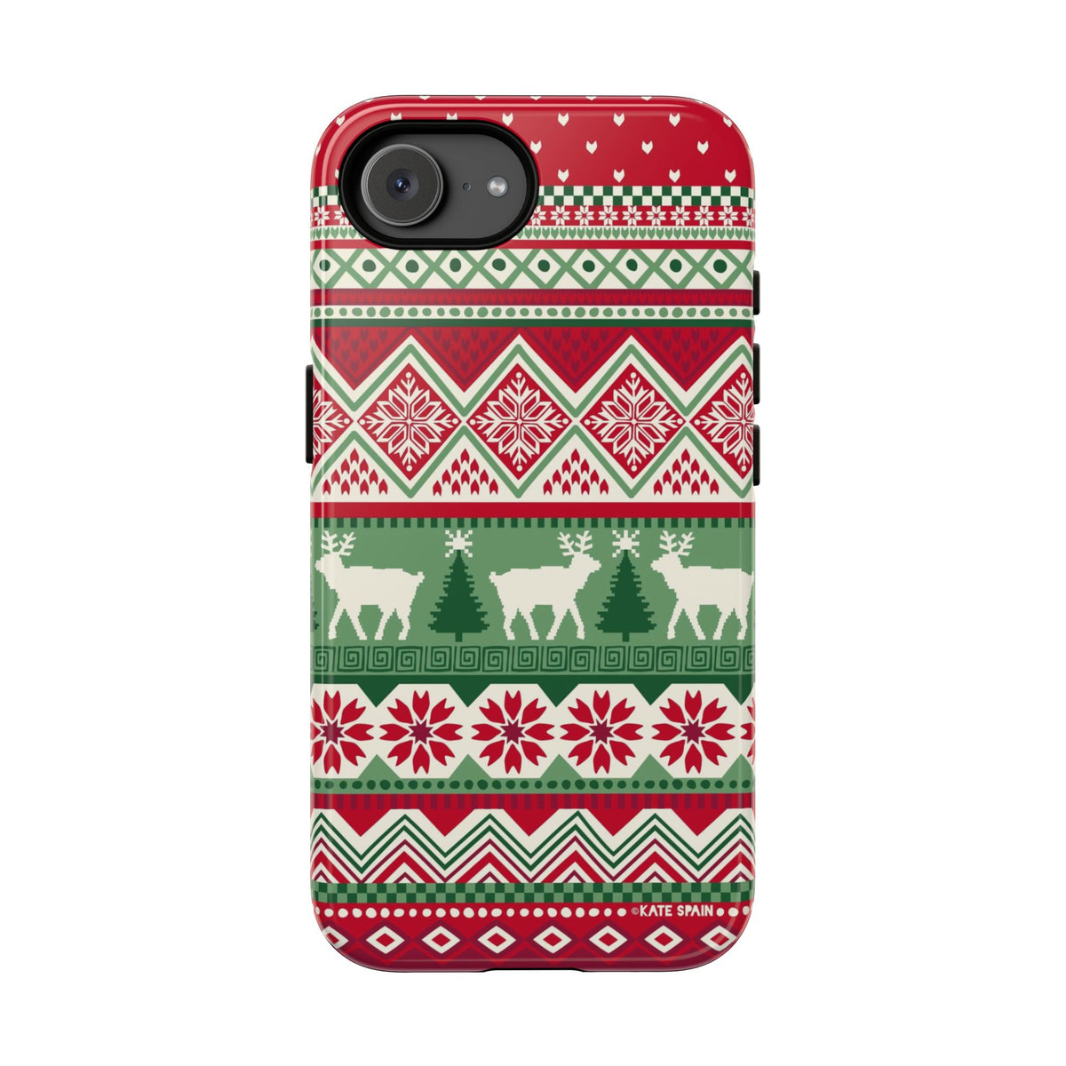 Telemark Tough iPhone 16e Case – Glossy | red, green, cream fair isle reindeer Nordic print