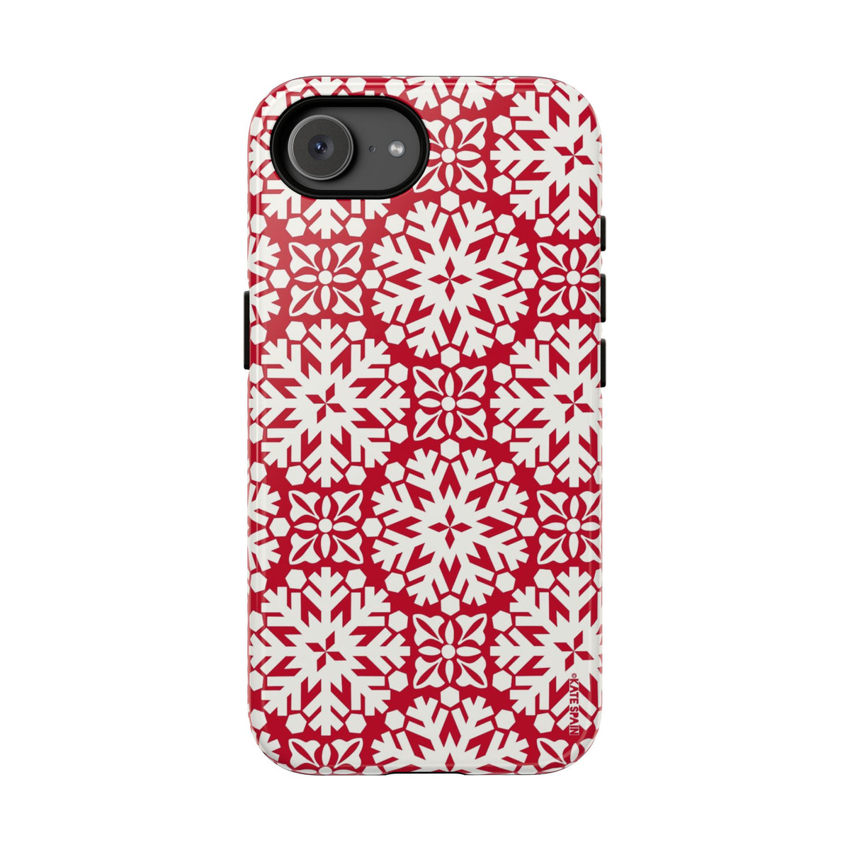 Flurry Tough iPhone 16e Case – Glossy | red, cream geometric snowflake medallion print