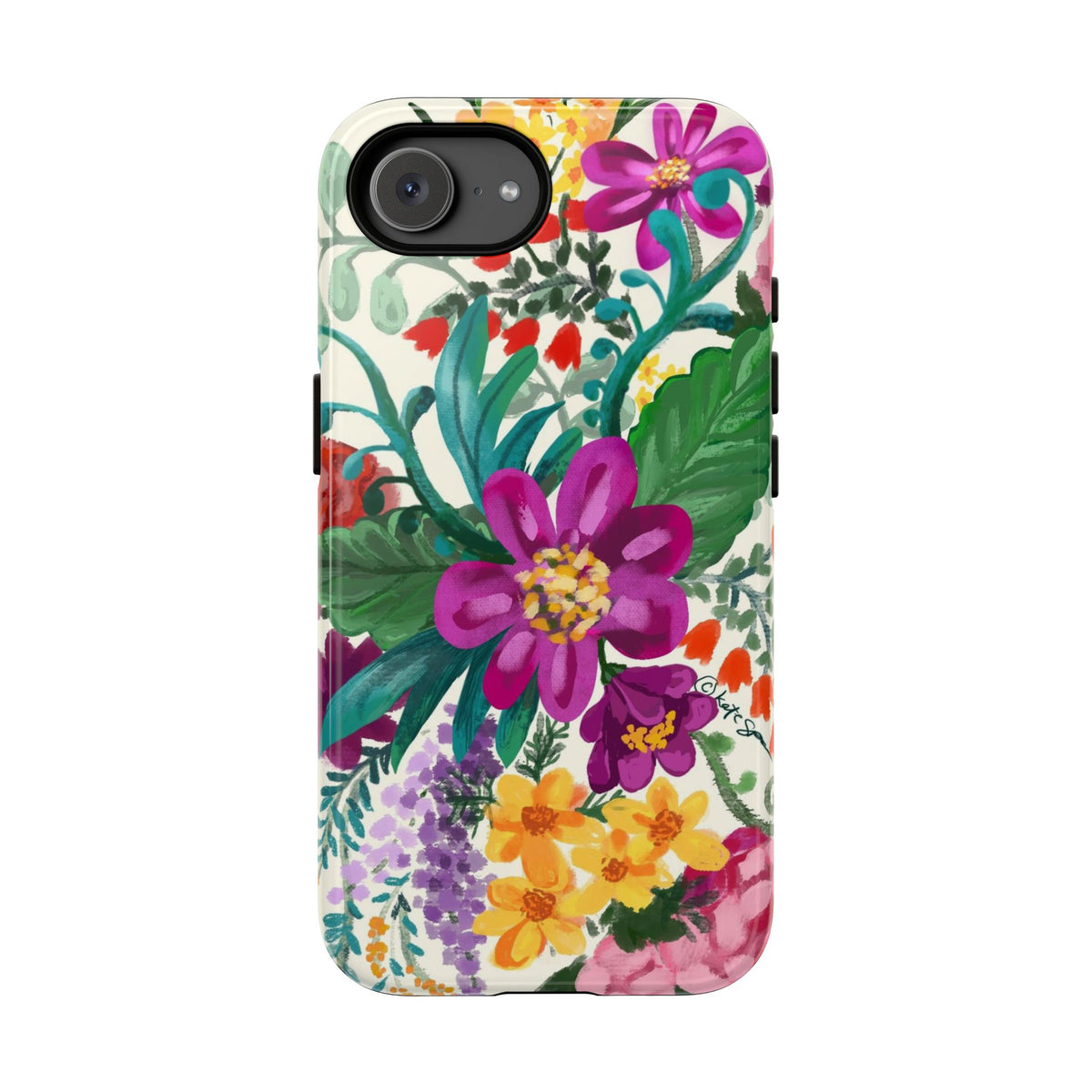 Posy Cream Tough iPhone 16e Case – Glossy | cream, magenta, coral botanical floral print