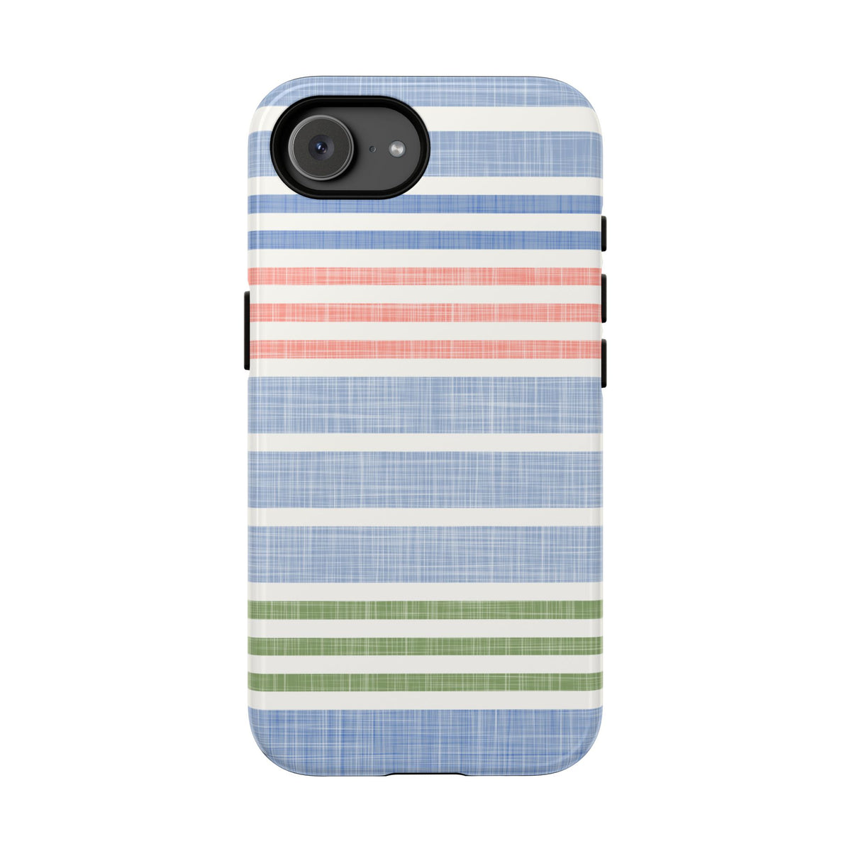 Cabana Stripe Pastel iPhone 16e Case – Glossy | soft blue, coral, sage green chambray-textured stripe print