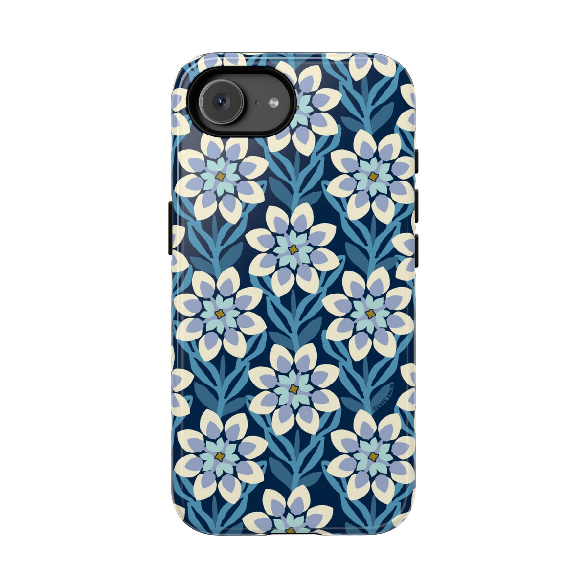 Designer Modern Dahlia Navy Tough iPhone 16e Case – Glossy | navy, cobalt, white dahlia floral print