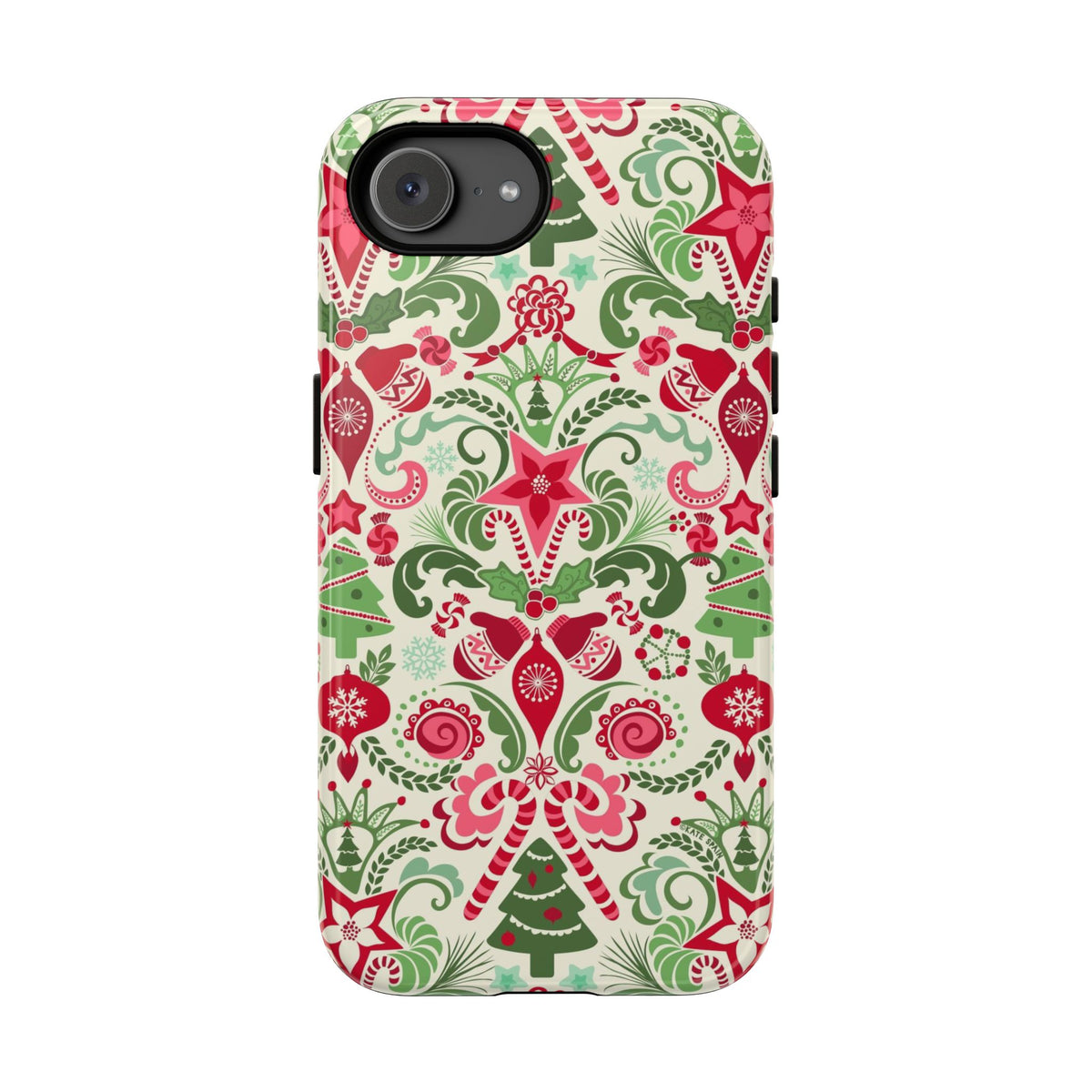 Wonderland Tough iPhone 16e Case – Glossy | cream, red, green Christmas ornament damask print
