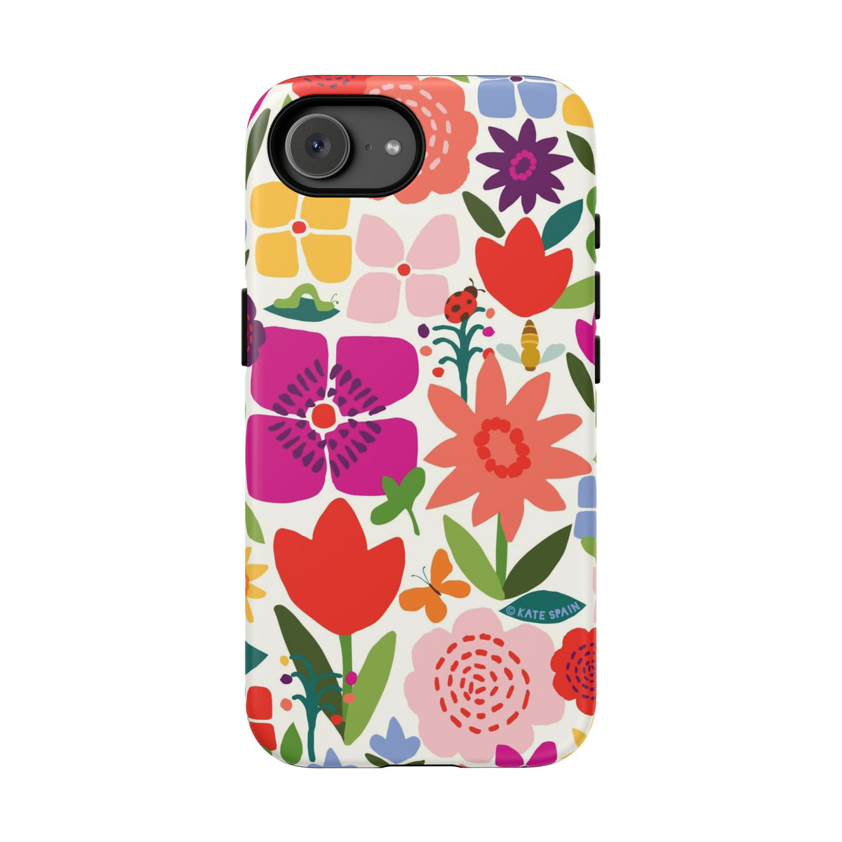 Happy Blooms Tough iPhone 16e Case – Matte | cream, red, magenta, coral botanical floral print