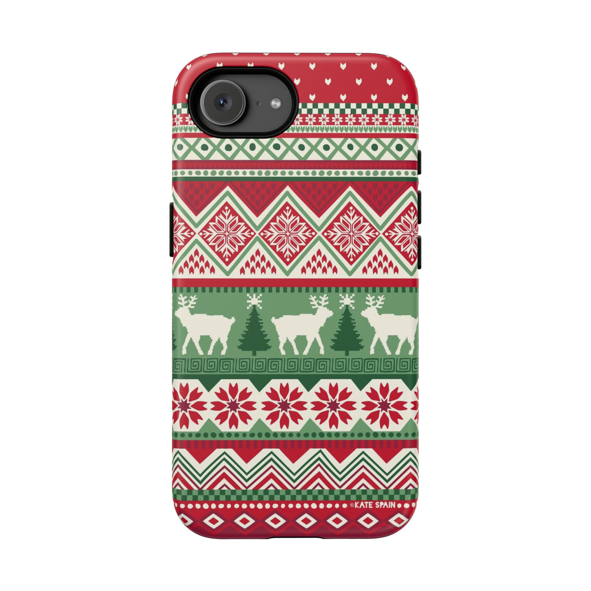 Telemark Tough iPhone 16e Case – Matte | red, green, cream fair isle reindeer Nordic print