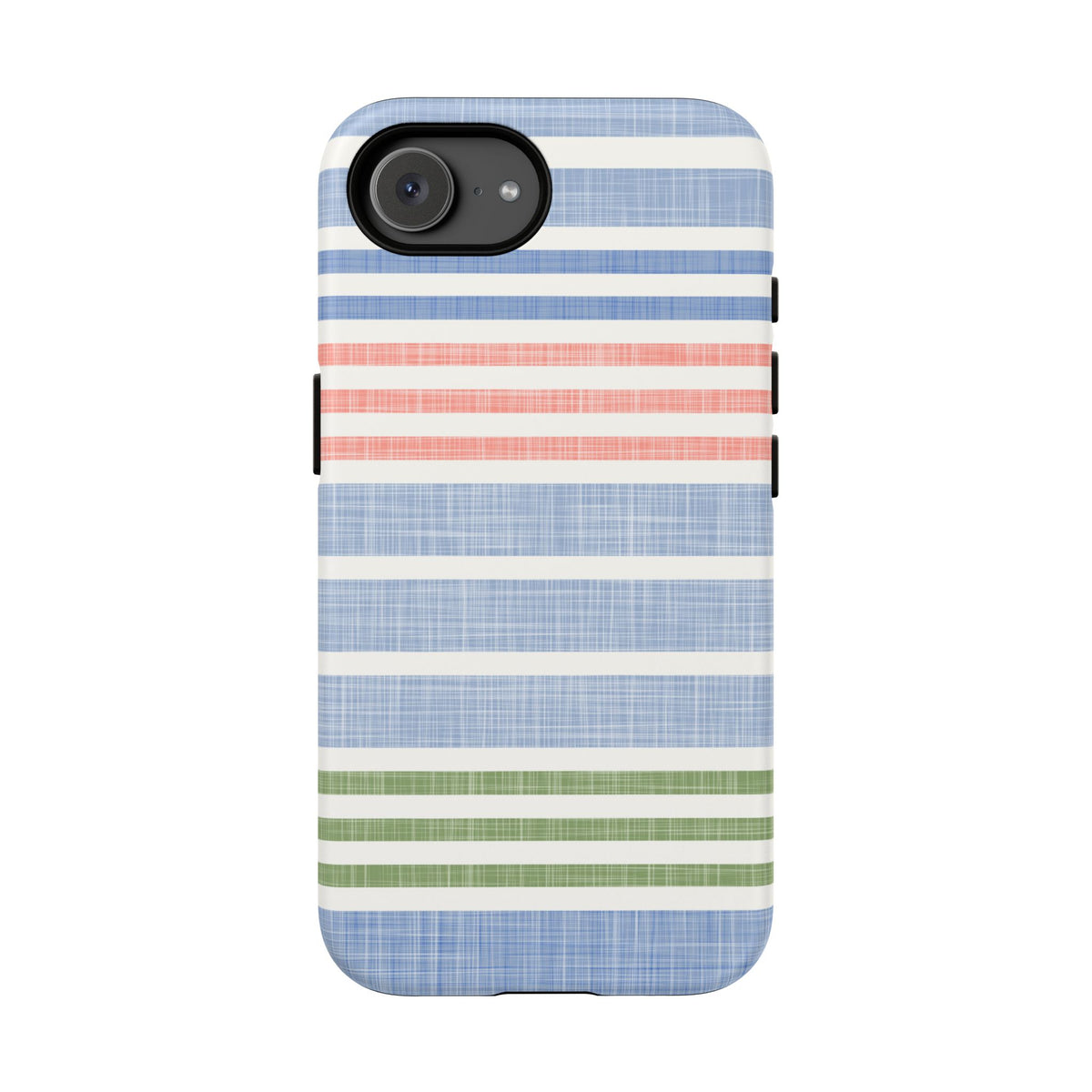 Cabana Stripe Pastel iPhone 16e Case – Matte | soft blue, coral, sage green chambray-textured stripe print