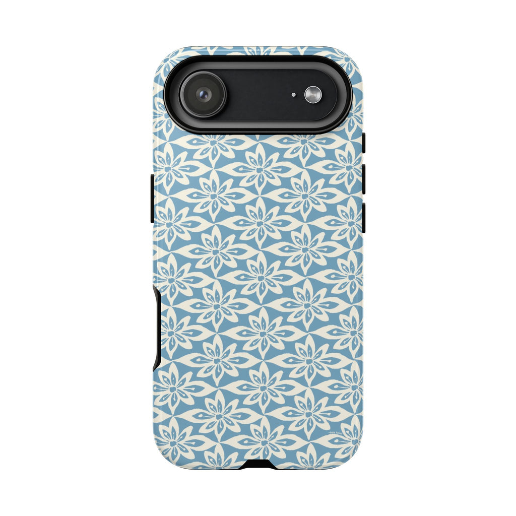 Lily Blue iPhone 16 Pro Max Case – Glossy | angled view showing camera cutout and buttons — botanical phone case by Kate Spain