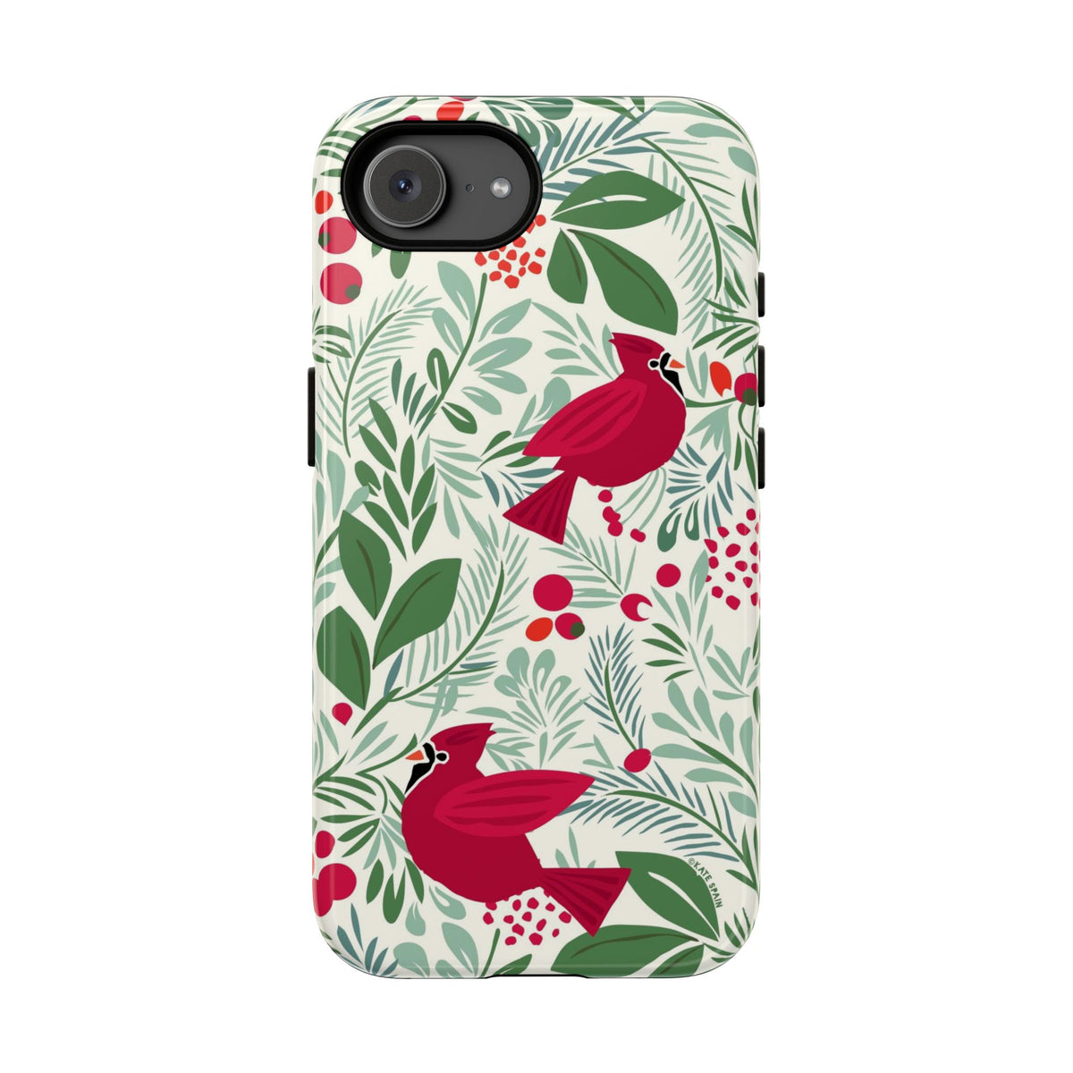 Birds and Berries Tough iPhone 17e Case – Glossy | cream, red, green botanical cardinal berry print