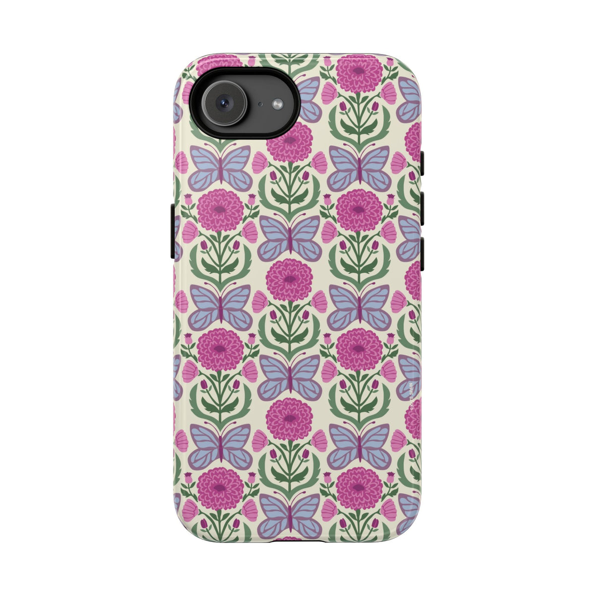 Butterfly Tough iPhone 17e Case – Glossy | cream, magenta, periwinkle butterfly floral print