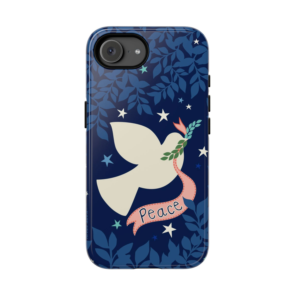 Peace Tough iPhone 17e Case – Glossy | navy, cream peace dove, stars, botanical print