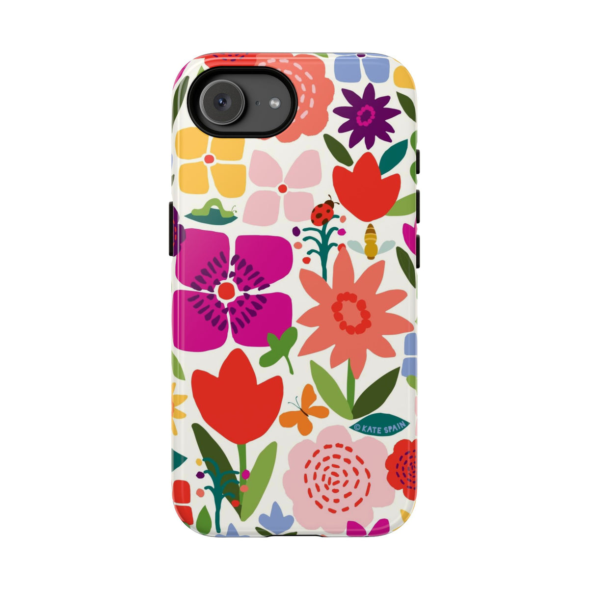 Happy Blooms Tough iPhone 17e Case – Glossy | cream, red, magenta, coral botanical floral print