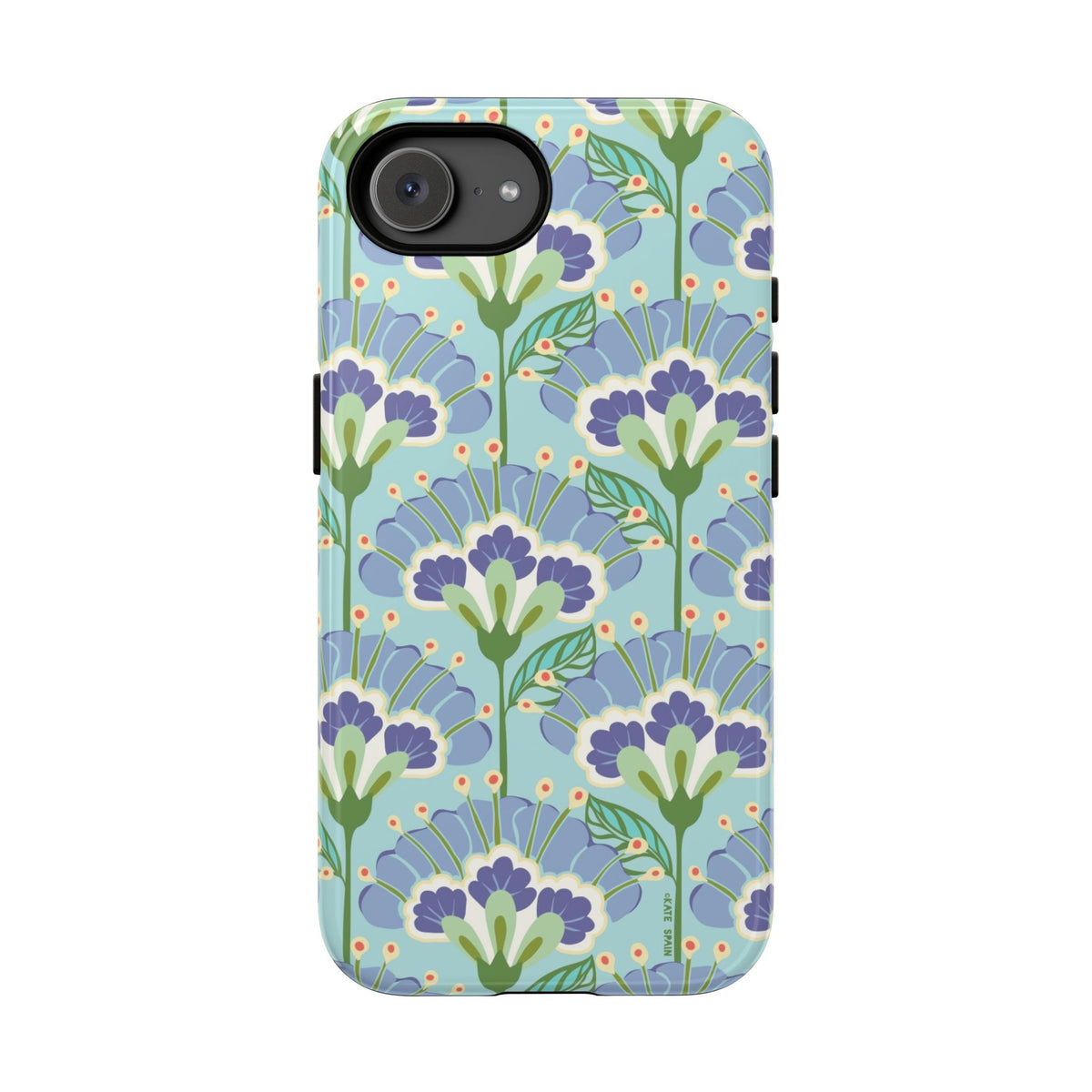 Lantern Flower Aqua Tough iPhone 17e Case – Glossy | aqua, periwinkle, green botanical lantern floral print