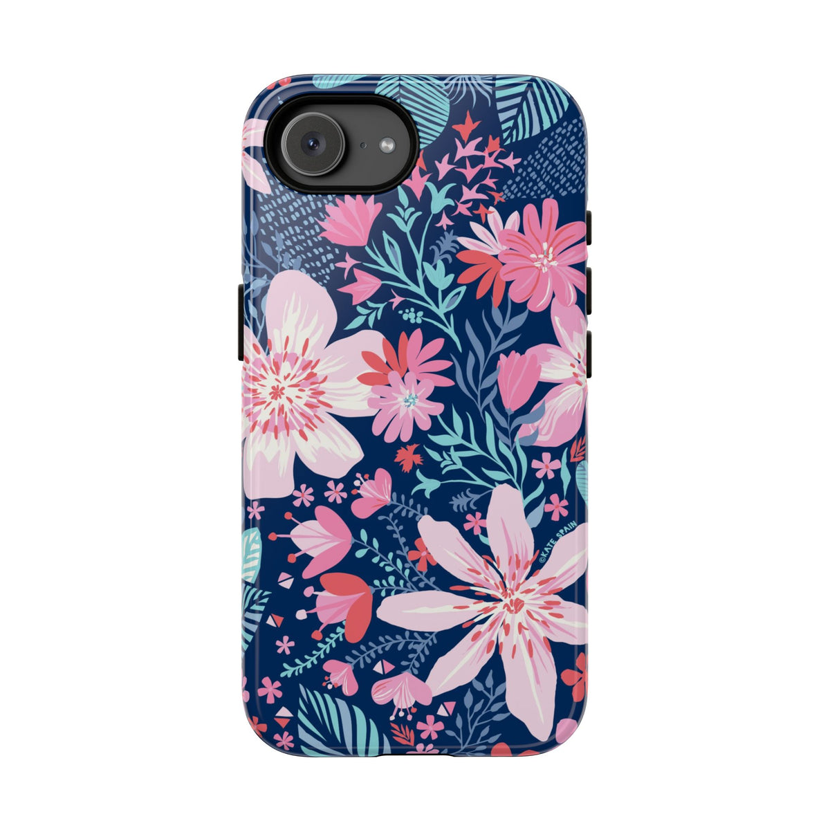 Bonaire Lagoon Tough iPhone 17e Case – Glossy | navy, pink, white tropical floral botanical print