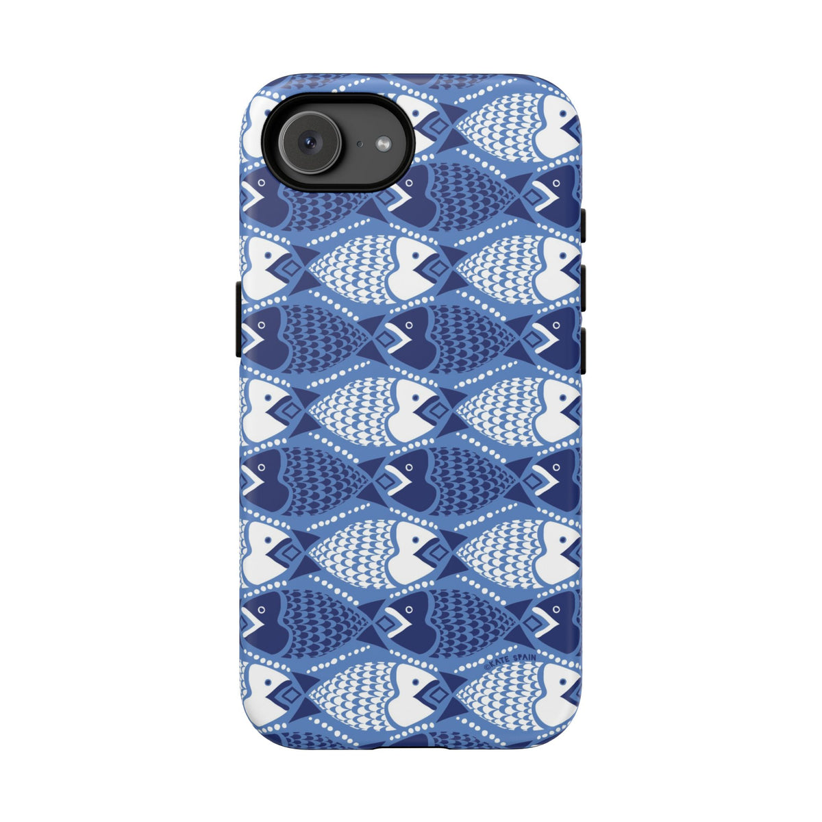 Catch of the Day Tough iPhone 17e Case – Matte | navy, blue, white geometric fish print