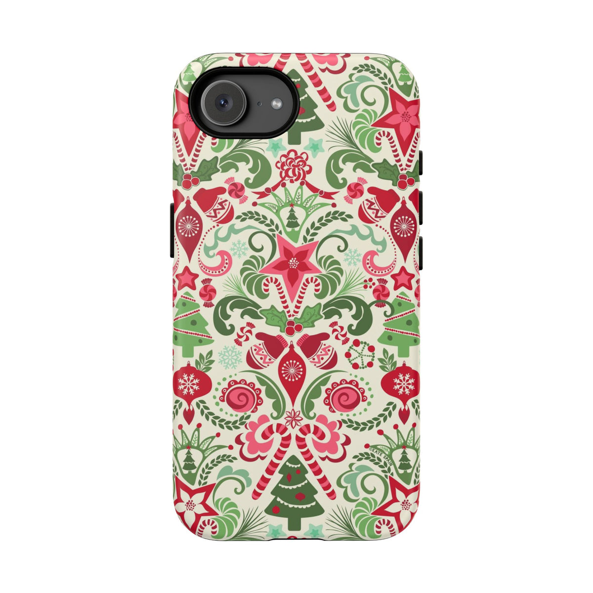 Wonderland Tough iPhone 17e Case – Matte | cream, red, green Christmas ornament damask print