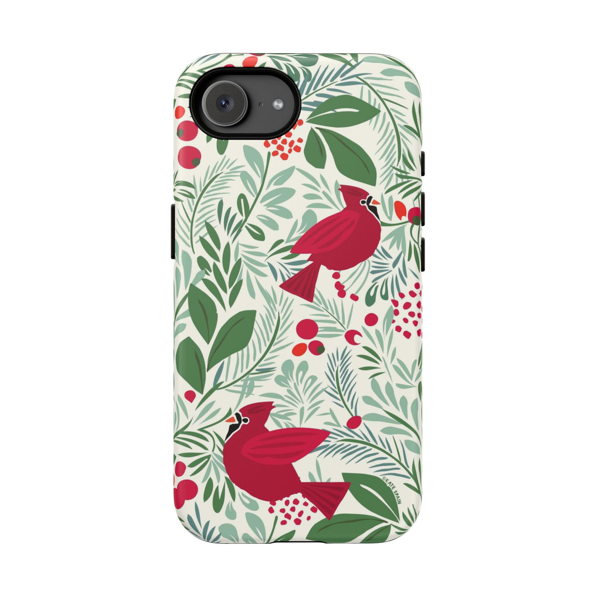 Birds and Berries Tough iPhone 17e Case – Matte | cream, red, green botanical cardinal berry print