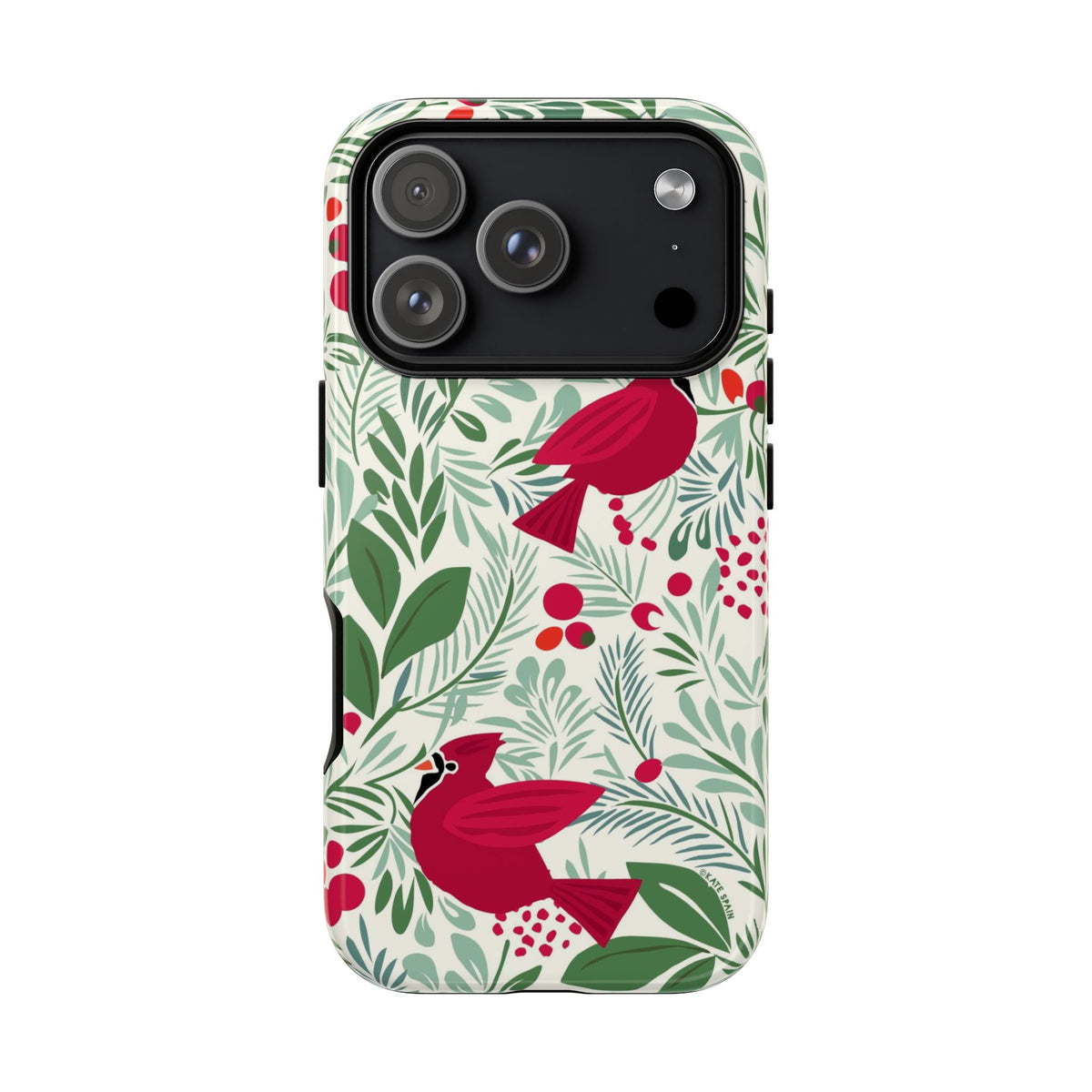 Birds and Berries Tough iPhone 18 Pro Case – Glossy | cream, red, green botanical cardinal berry print
