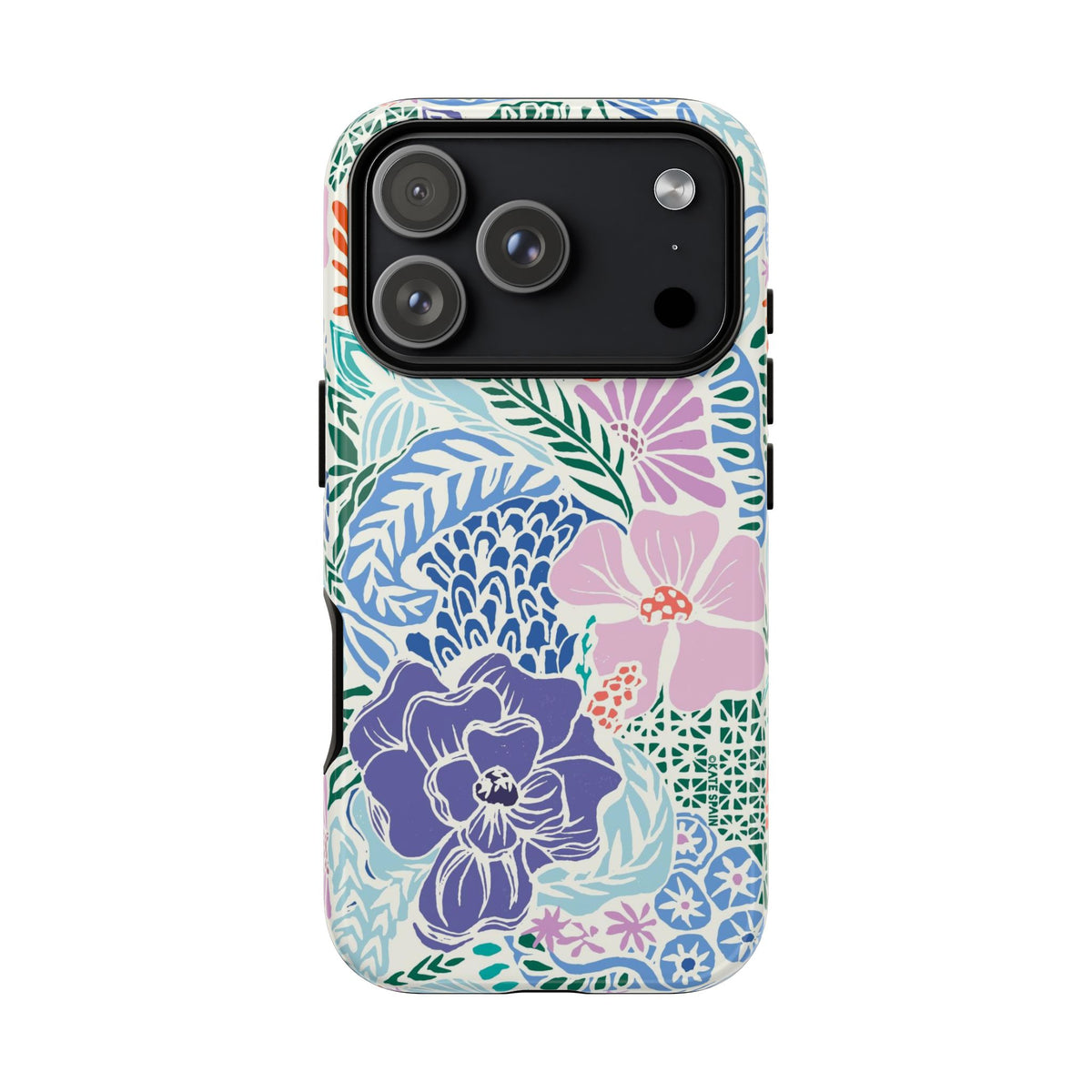 Tropica Periwinkle Tough iPhone 18 Pro Case – Glossy | purple, coral, pink, blue botanical tropical floral print