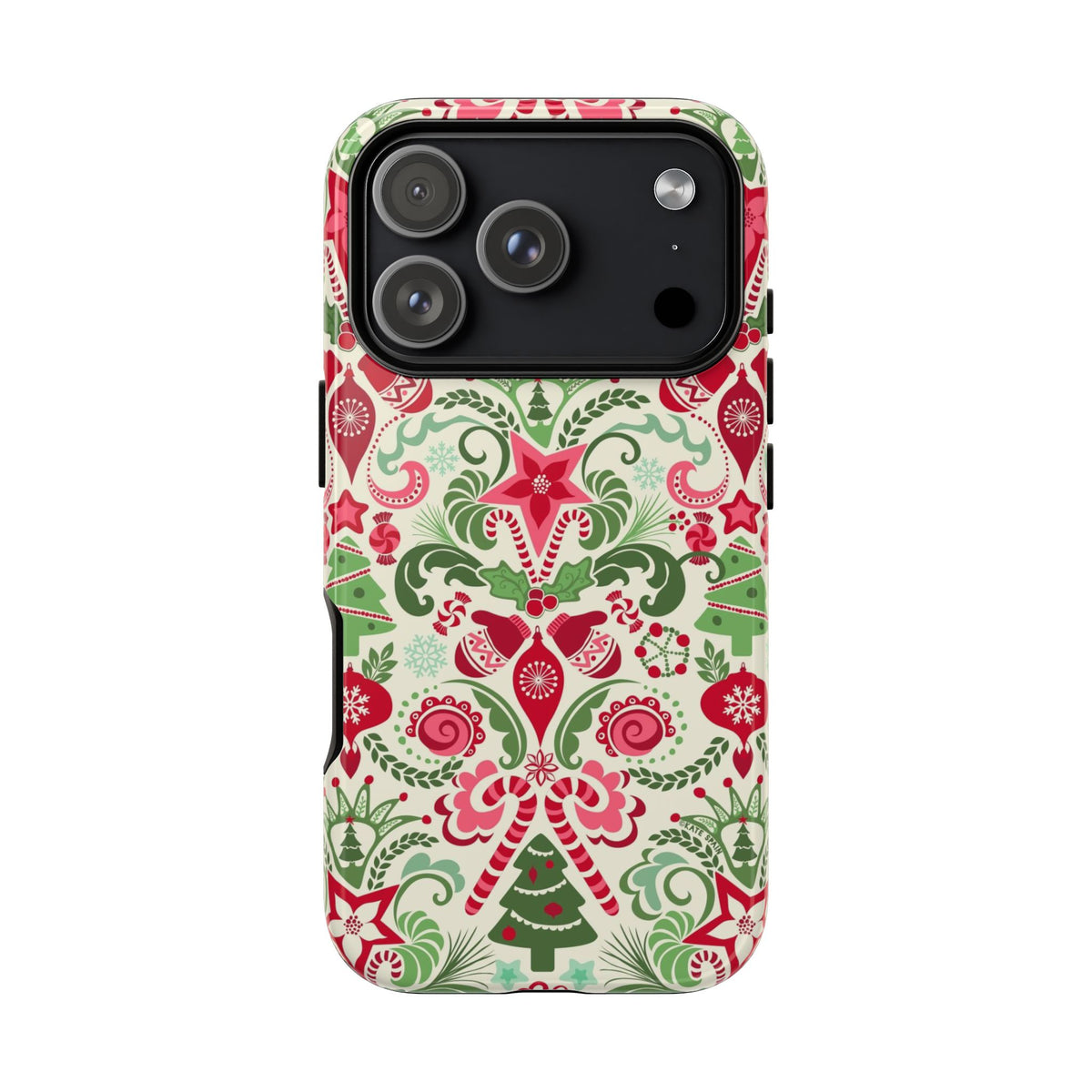 Wonderland Tough iPhone 18 Pro Case – Glossy | cream, red, green Christmas ornament damask print